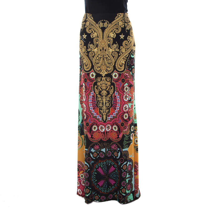 Cavalli Class Multicolor Baroque Print Flared Maxi Skirt M