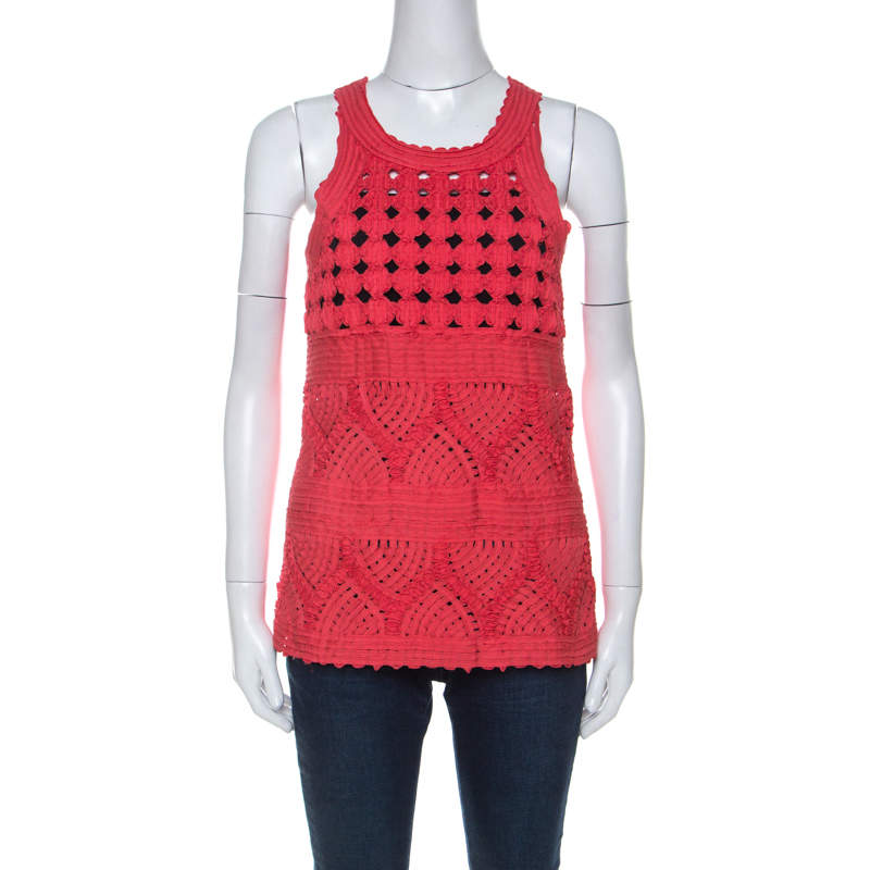 مملوكة مسبقًا Cavalli Class Coral Red Cord Lace Embroidered Sleeveless Top M