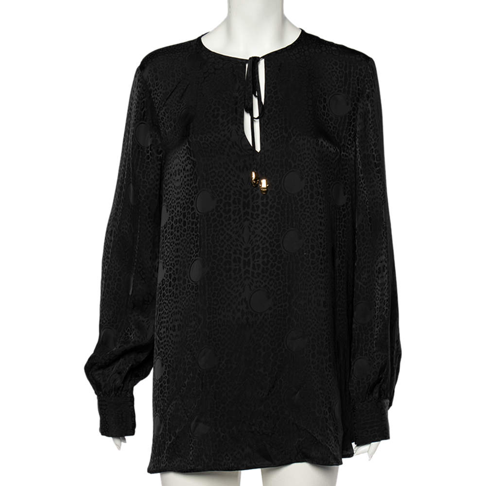 Pre Owned بلوزة كلاس باي روبرتو كافالي تفاصيل ربطة عنق حرير جاكارأسود مقاس كبير