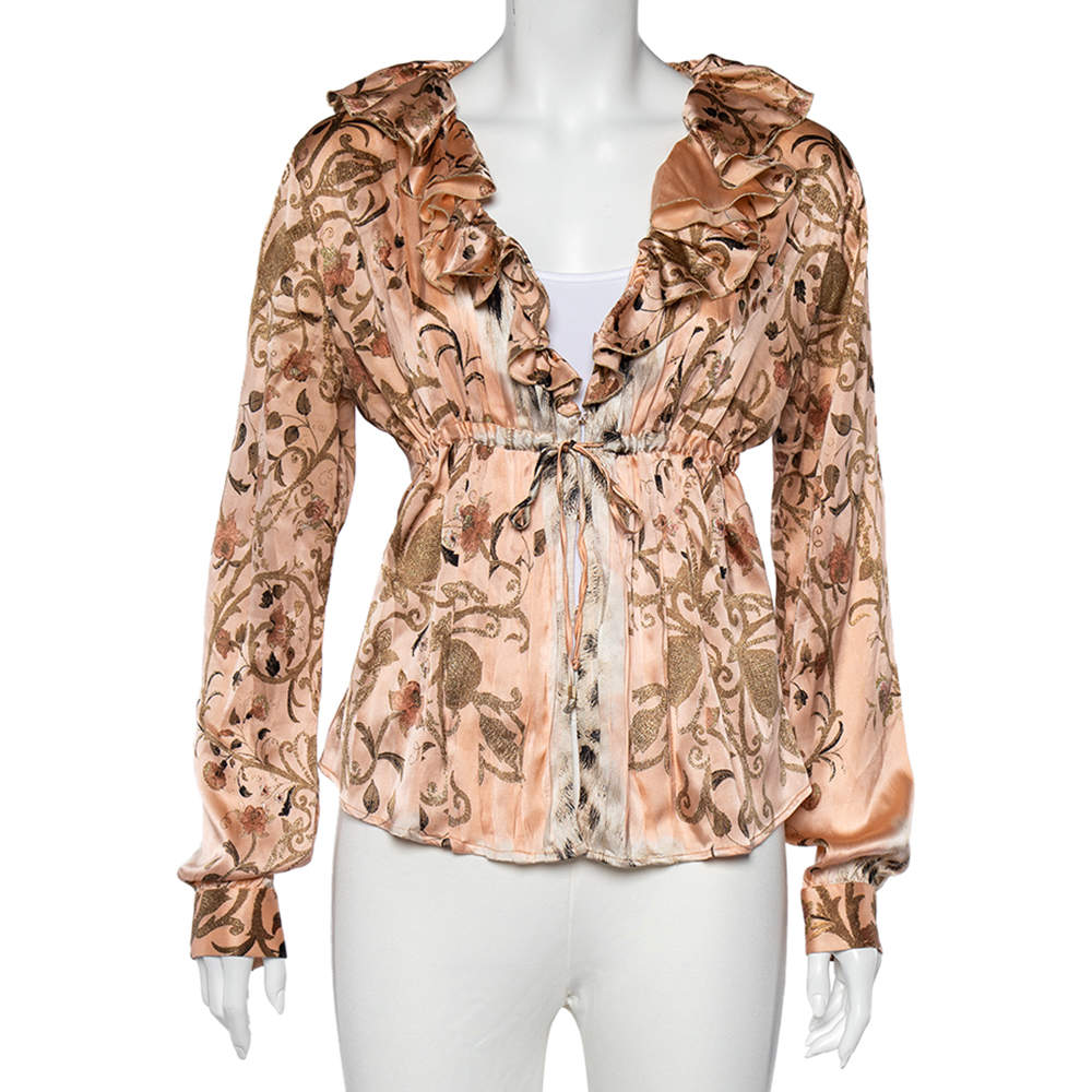 Pre Owned كارديغان كلاس باي روبرتو كافالي رقبة مكشكش ساتان حرير طباعة زهور وردي مقاس كبير