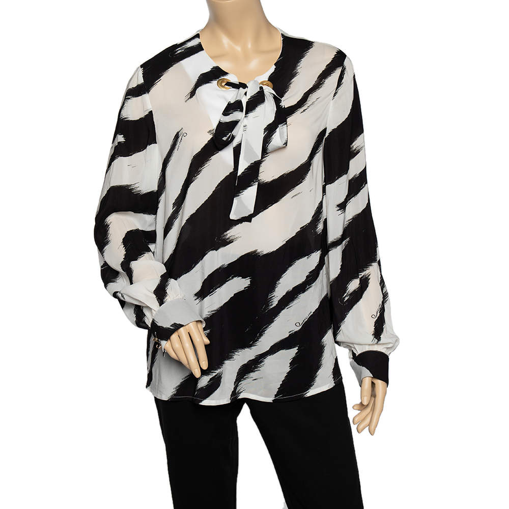 Pre Owned Class by Roberto Cavalli Monochrome Chiffon Neck Tie Detail Blouse L 