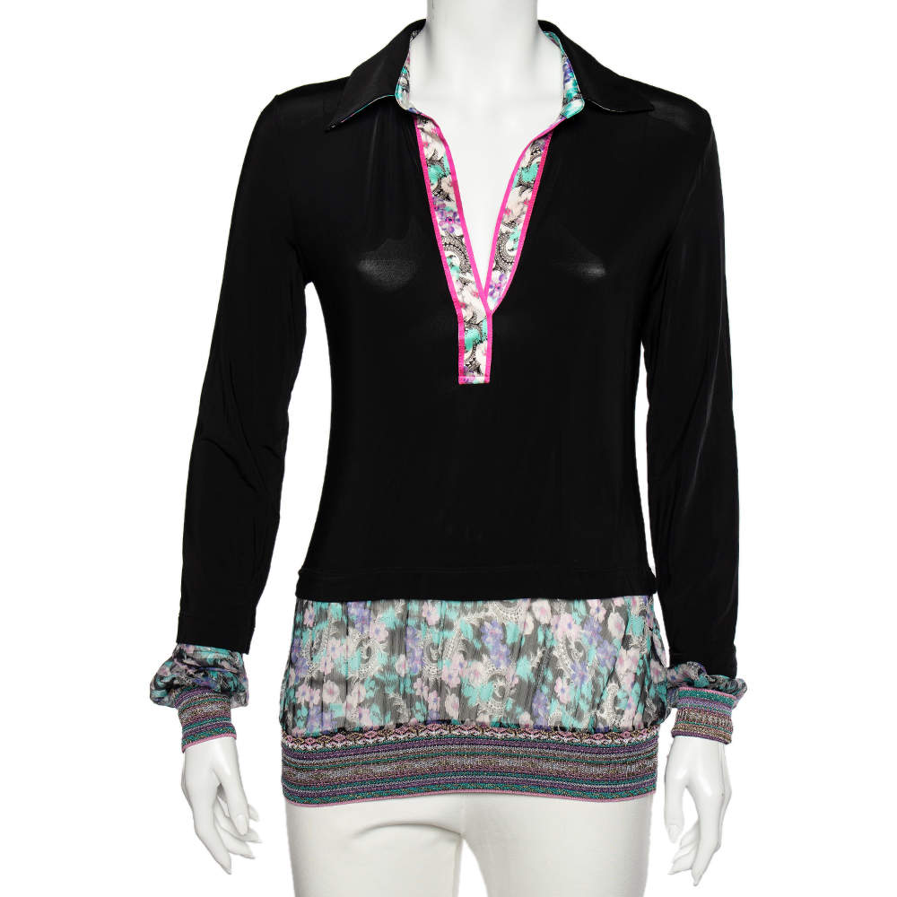 Pre Owned Class by Roberto Cavalli Black Jersey Contrast Paneled Top M