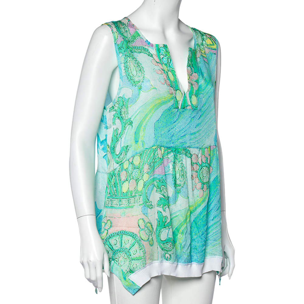 Pre Owned Class by Roberto Cavalli Blue Printed Silk Rib Knit Trim Detailed Top L