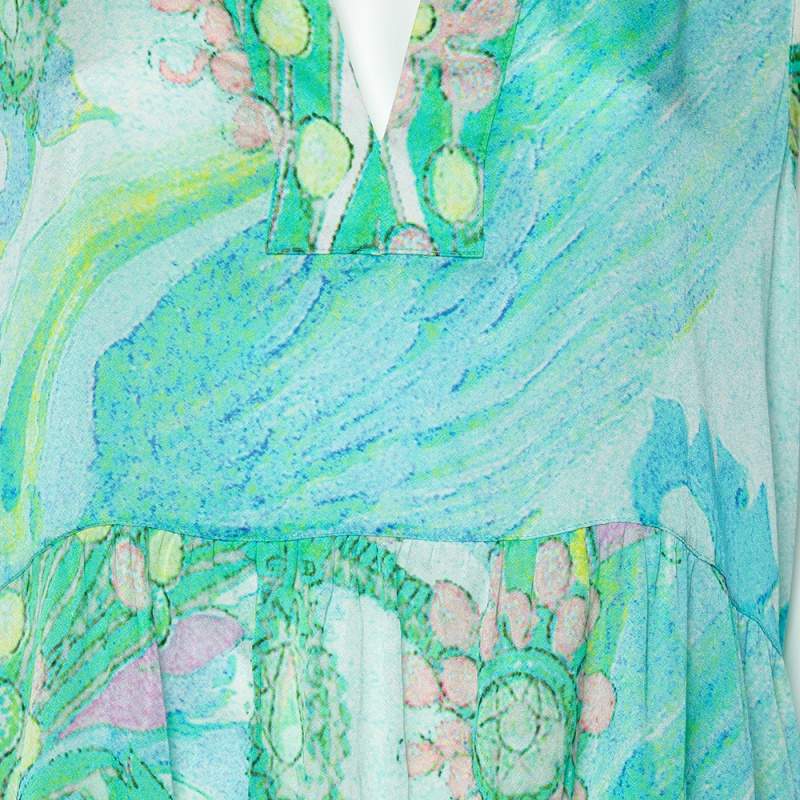 Pre Owned Class by Roberto Cavalli Blue Printed Silk Rib Knit Trim Detailed Top L
