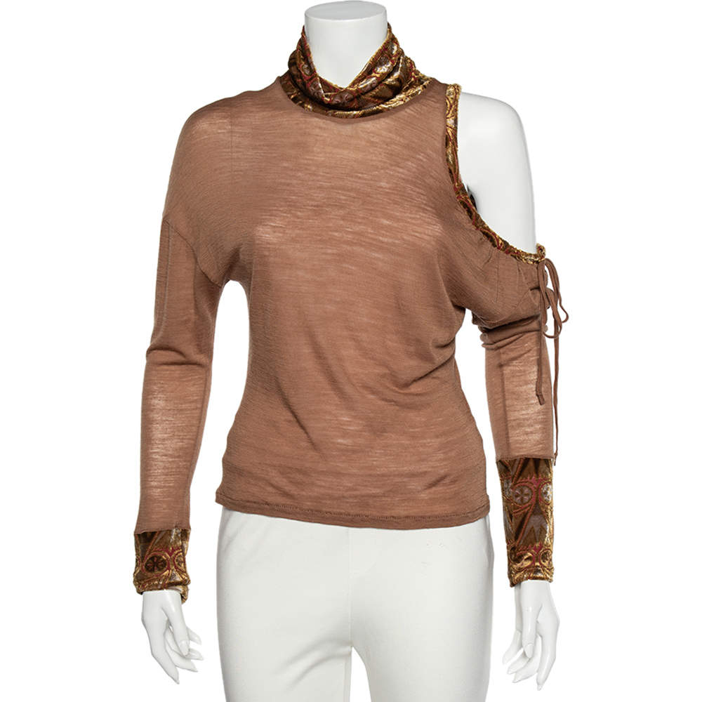 Pre Owned Class by Roberto Cavalli Brown Wool Knit Contrast Trim Cold Shoulder Detail Top M