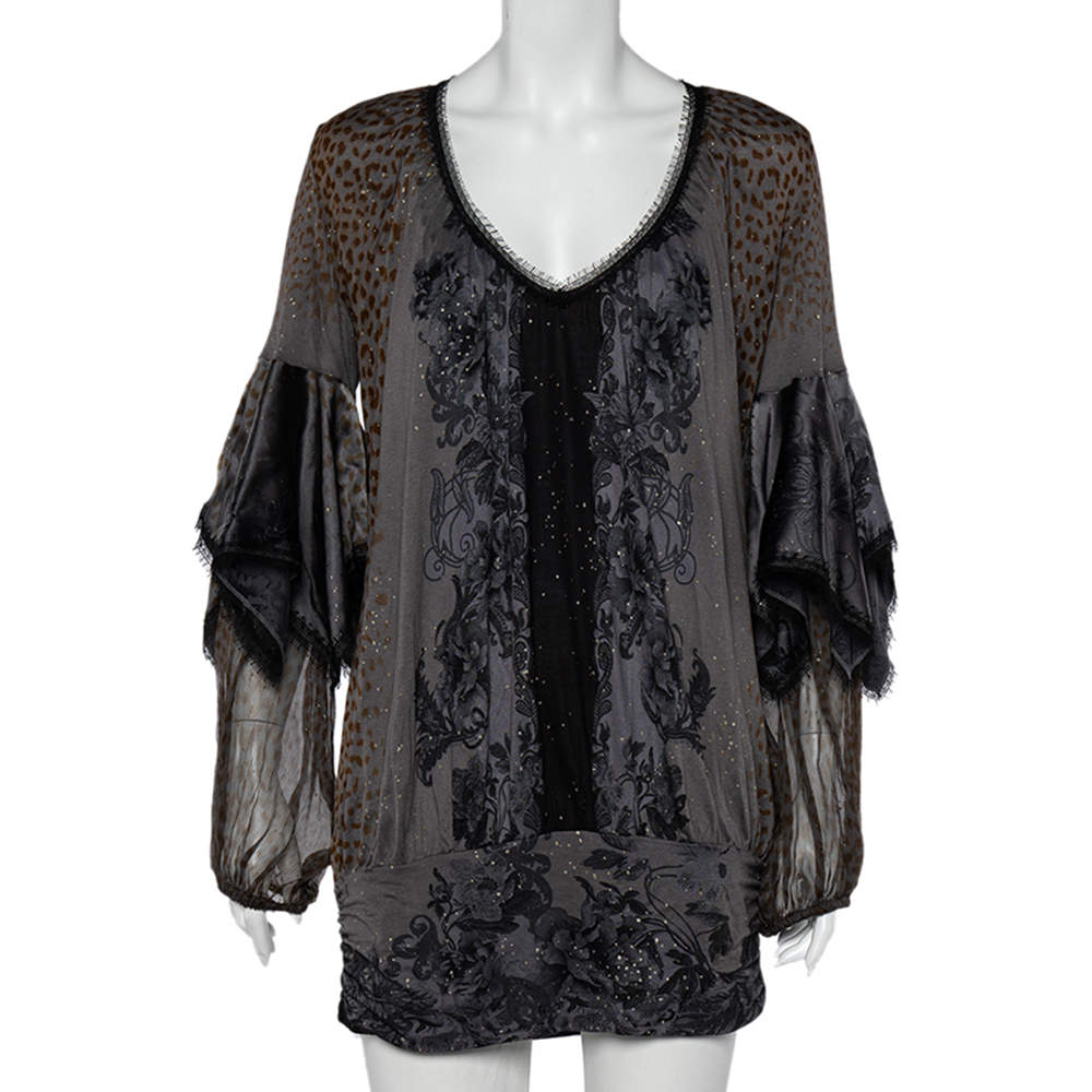 Class by Roberto Cavalli Grey Printed Jersey Overlay Sleeve Detailed Top L