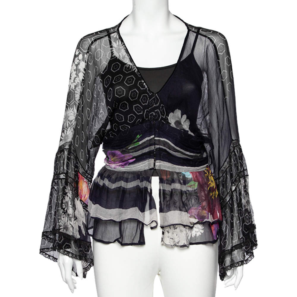 Class by Roberto Cavalli Black Floral Print Silk Sheer Blouse L