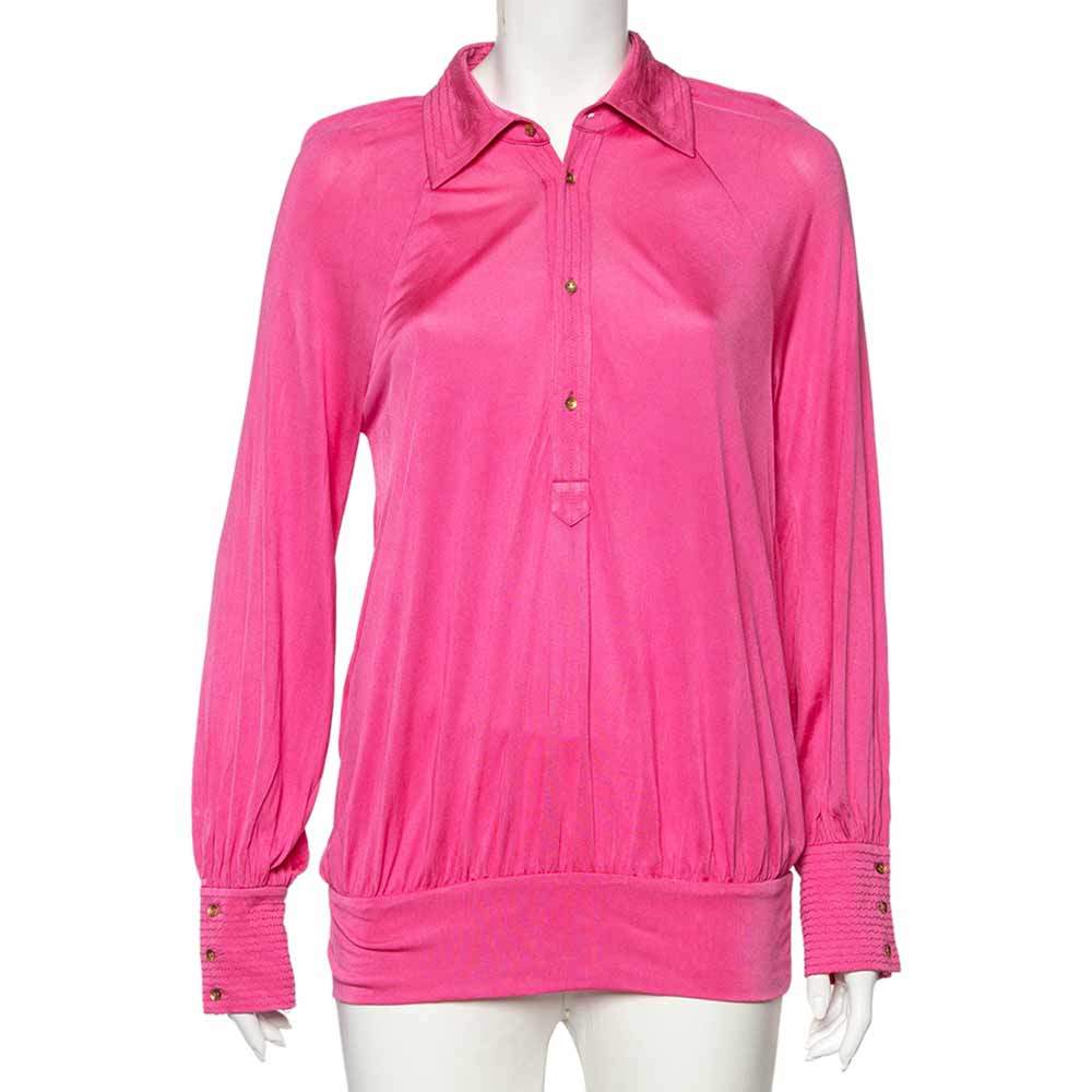 Pre Owned Class by Roberto Cavalli Pink Silk Knit Button Front Top M