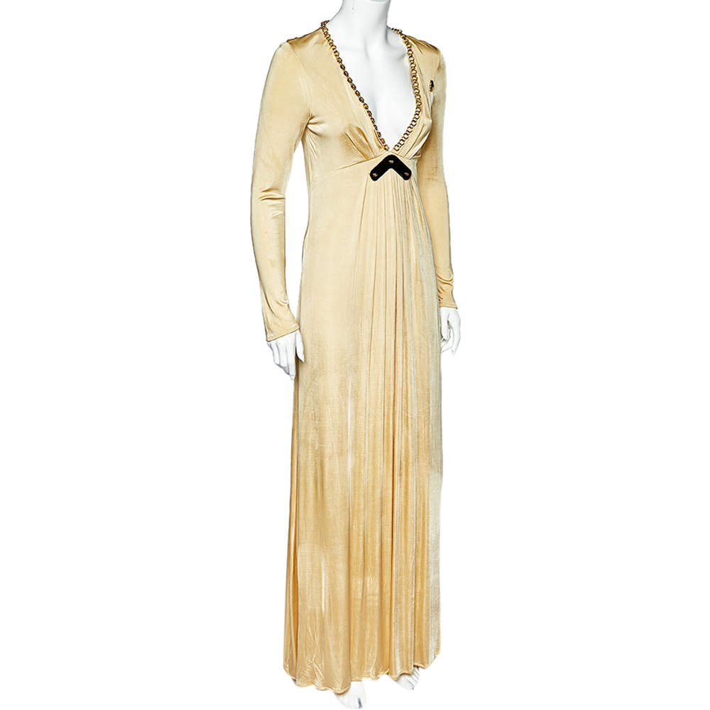 Pre Owned Class by Roberto Cavalli Cream Metal Embellished Jersey Open Back Maxi Dress L