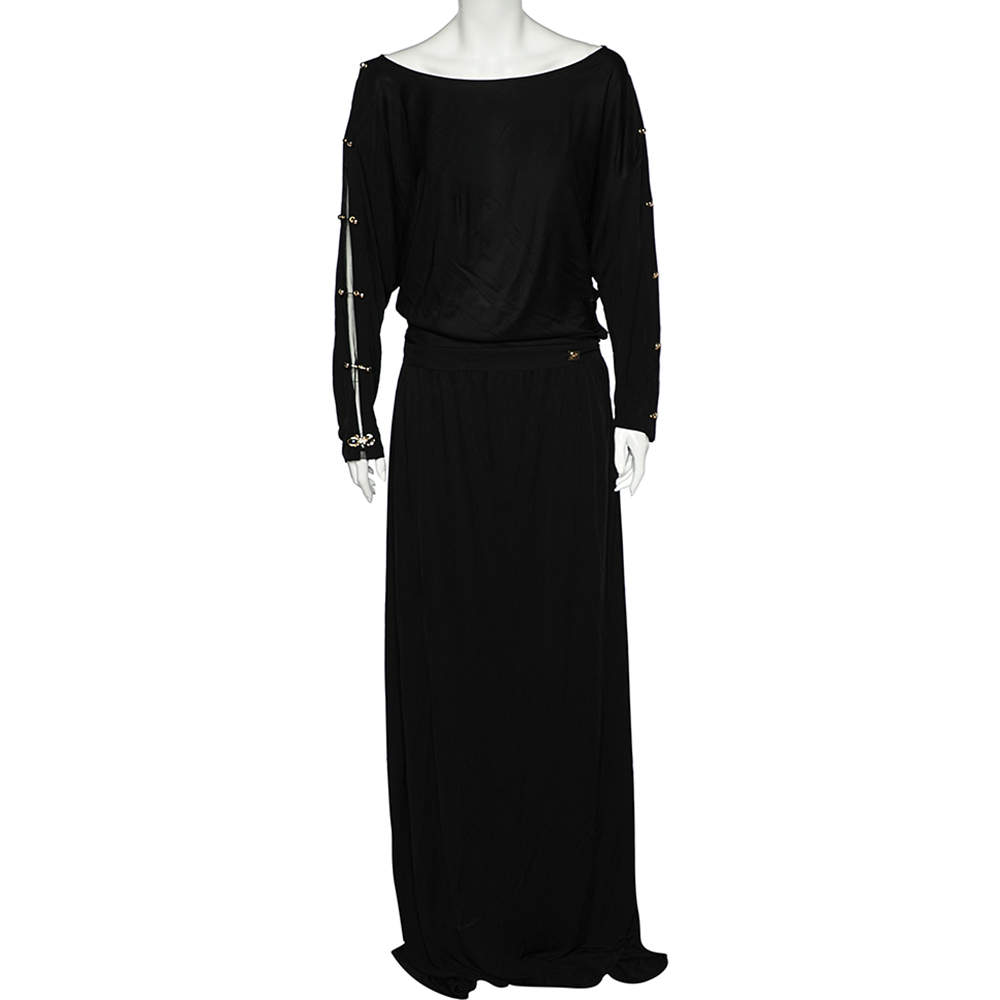 مملوكة مسبقًا Class by Roberto Cavalli Black Jersey Metal Link Detail Maxi Dress L