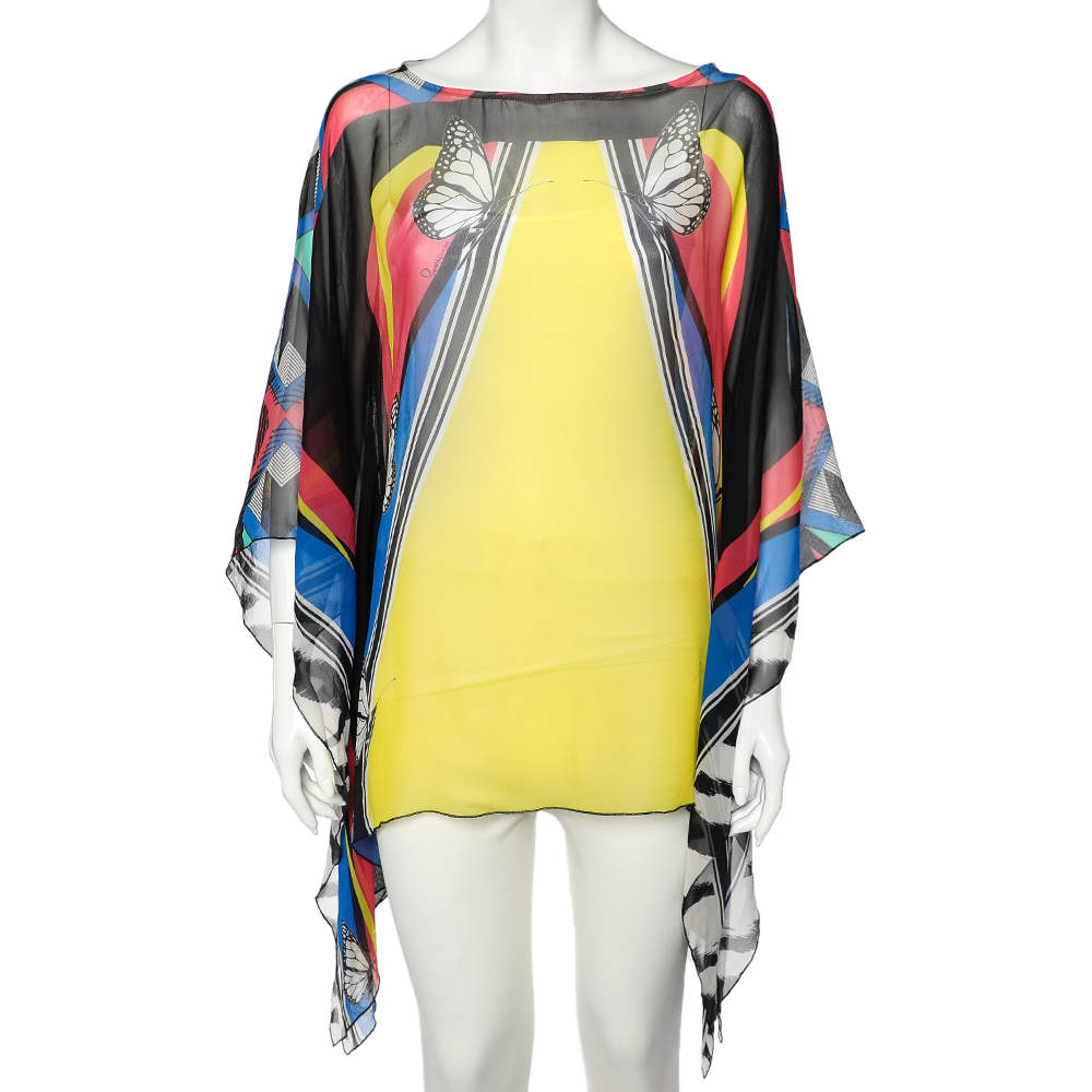 مملوكة مسبقًا Cavalli Class Multicolor Printed Silk Kaftan Top L 