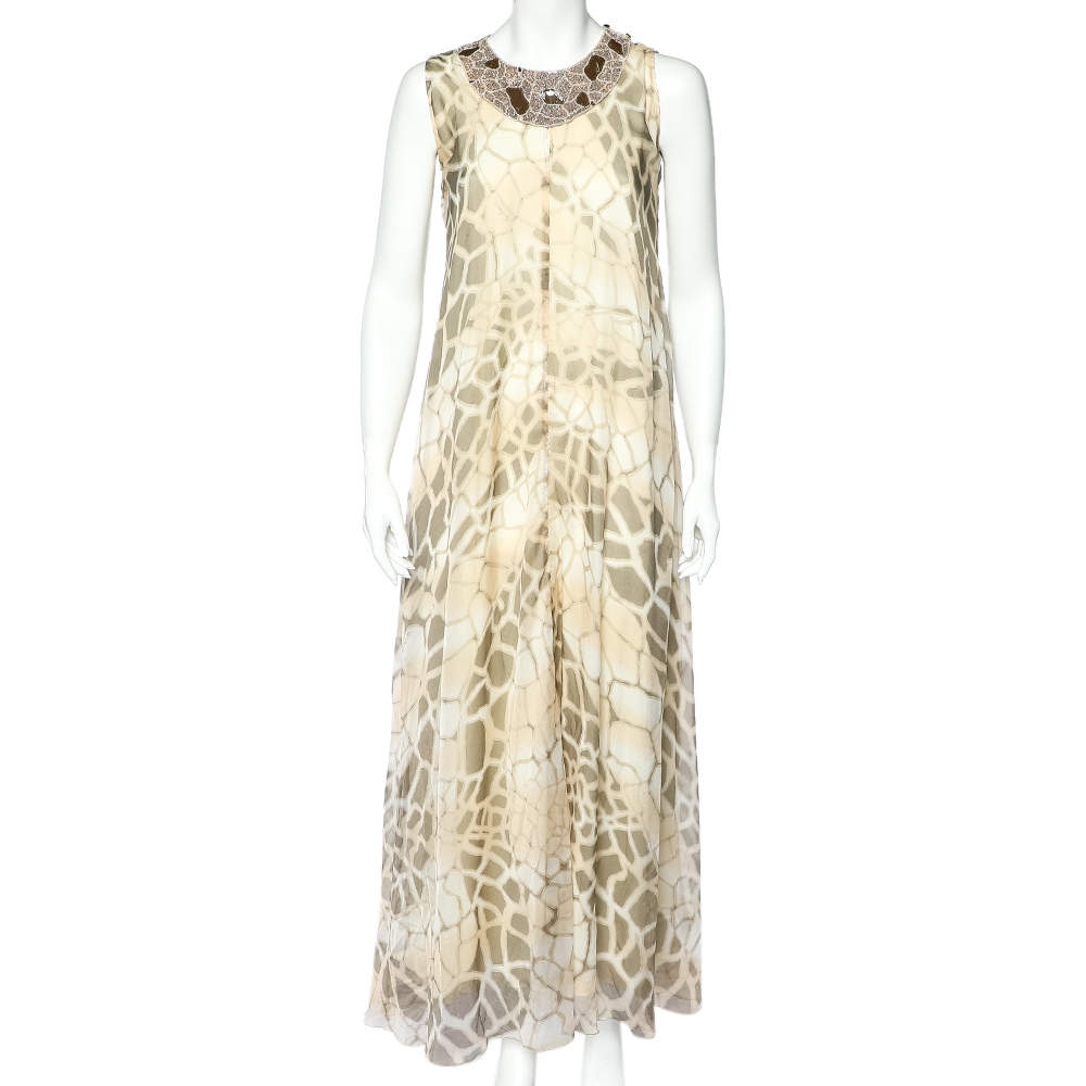Pre Owned Class by Roberto Cavalli Beige Printed Silk Chiffon Embellished Neck Detail Sleeveless Dress M