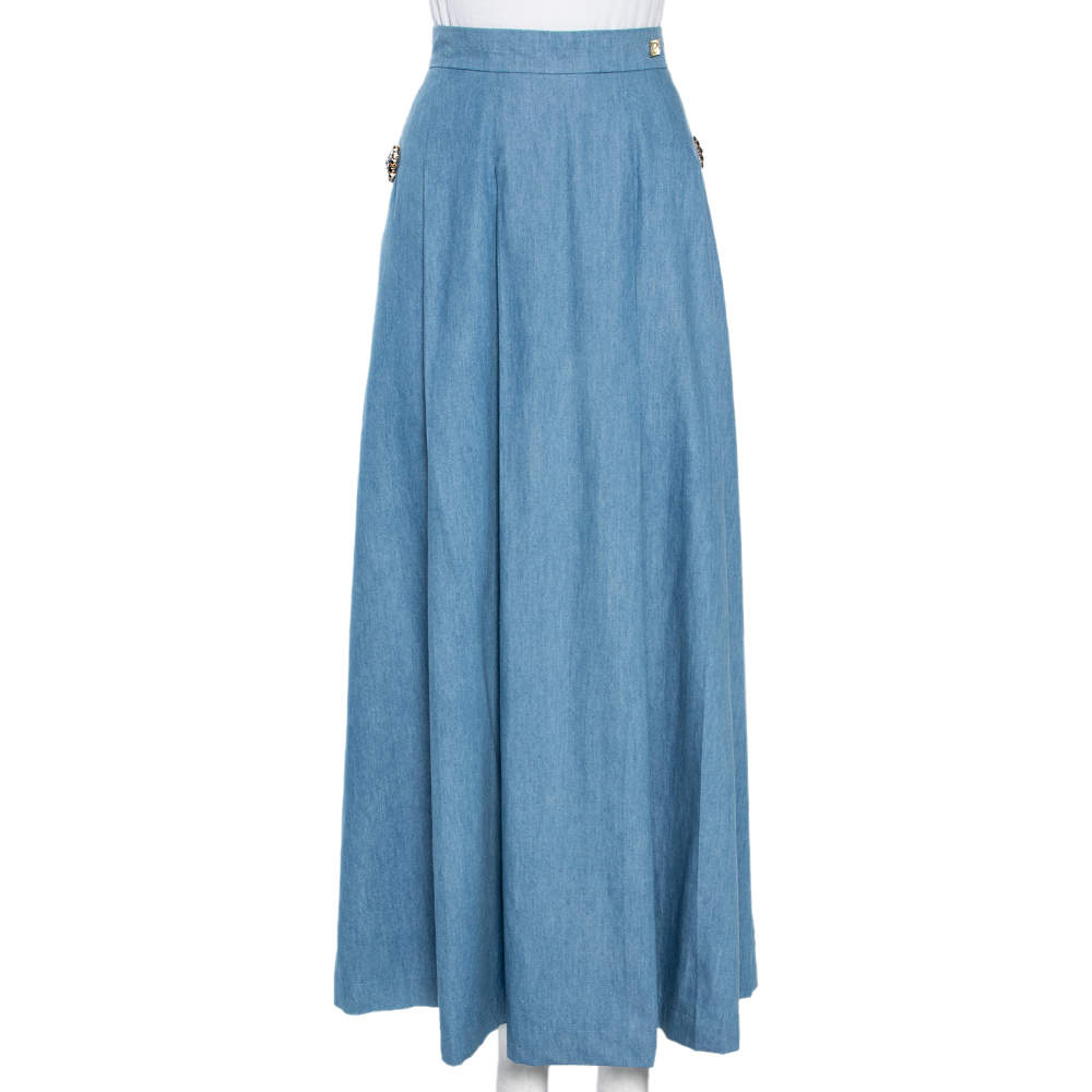 Pre Owned Class by Roberto Cavalli Blue Cotton Pleated Midi Skirt M