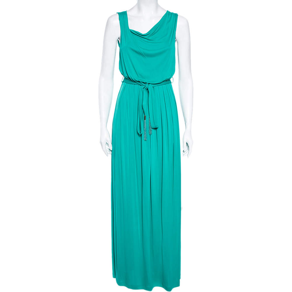 Pre Owned Class by Roberto Cavalli Green Jersey Pleated Belted Maxi Dress S
