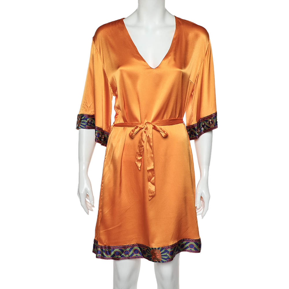 مملوكة مسبقًا تونيك كلاس باي روبرتو كافالي حرير ساتان برتقالي بحزام مقاس كبير - لارج