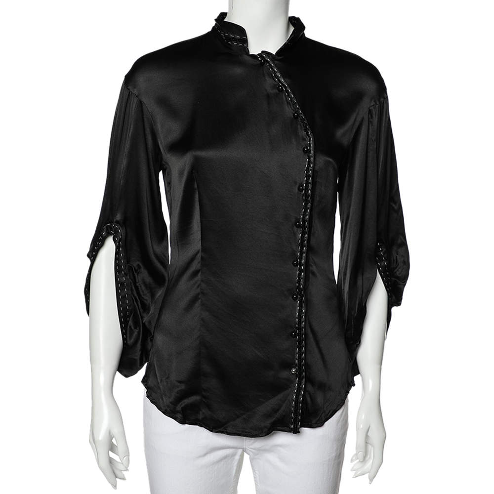 Class by Roberto Cavalli Black Silk Satin Button Front Top M