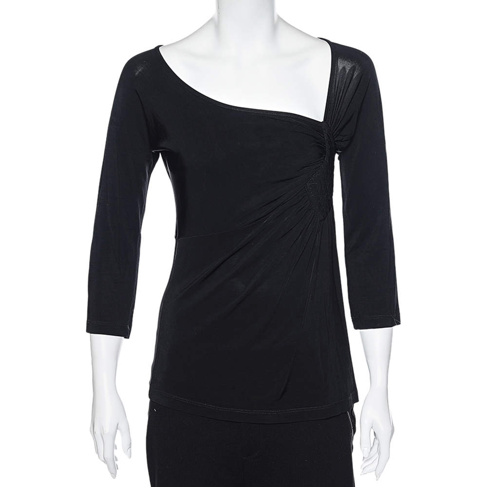 Pre Owned Class by Roberto Cavalli Black Jersey Gathered Detailed Top L