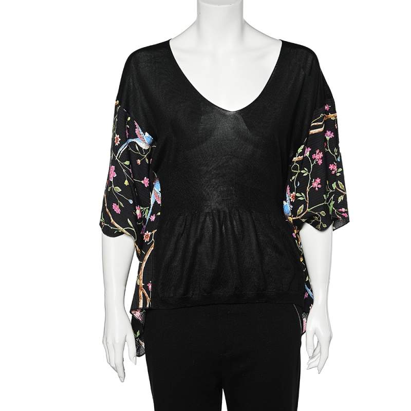 مملوكة مسبقًا Cavalli Class Black Knit & Floral Printed Kaftan Top L