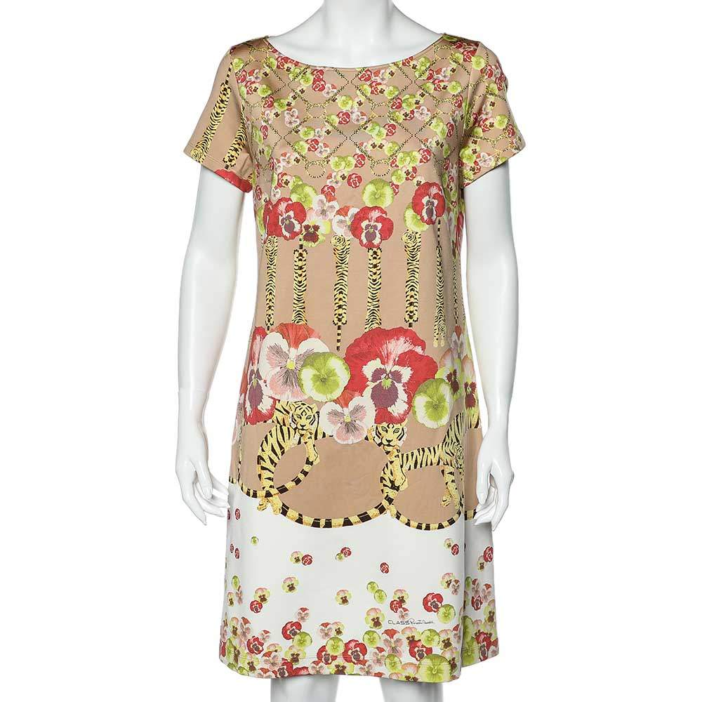 Pre Owned فستان كلاس باي روبرتو كافالي جيرسيه مطبوع مورد بيج مقاس كبير (لارج)