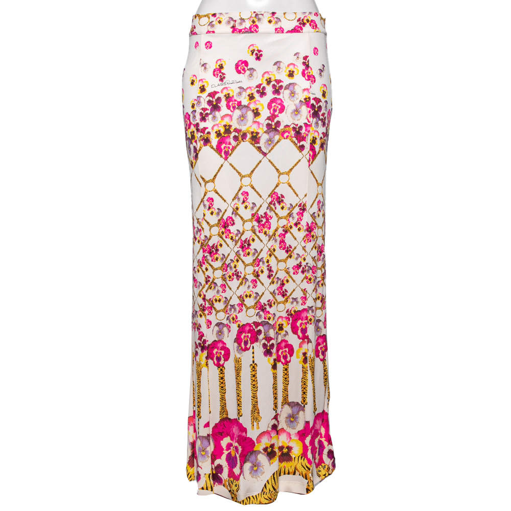 Pre Owned Class by Roberto Cavalli Cream Floral Printed Silk Slit Detailed Maxi Skirt M