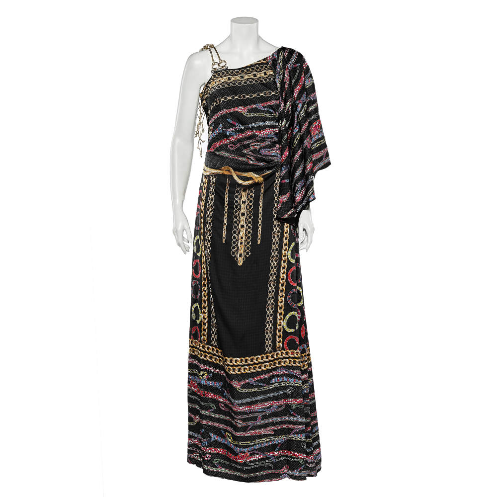 Cavalli Class Black Printed Satin Flared Sleeve Maxi Dress L