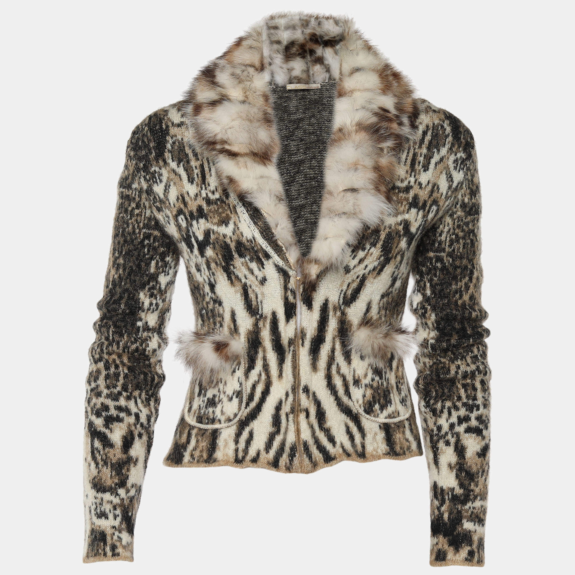 Pre Owned Class By Roberto Cavalli Brown Intarsia Knit & Fur Trimmed Cardigan M