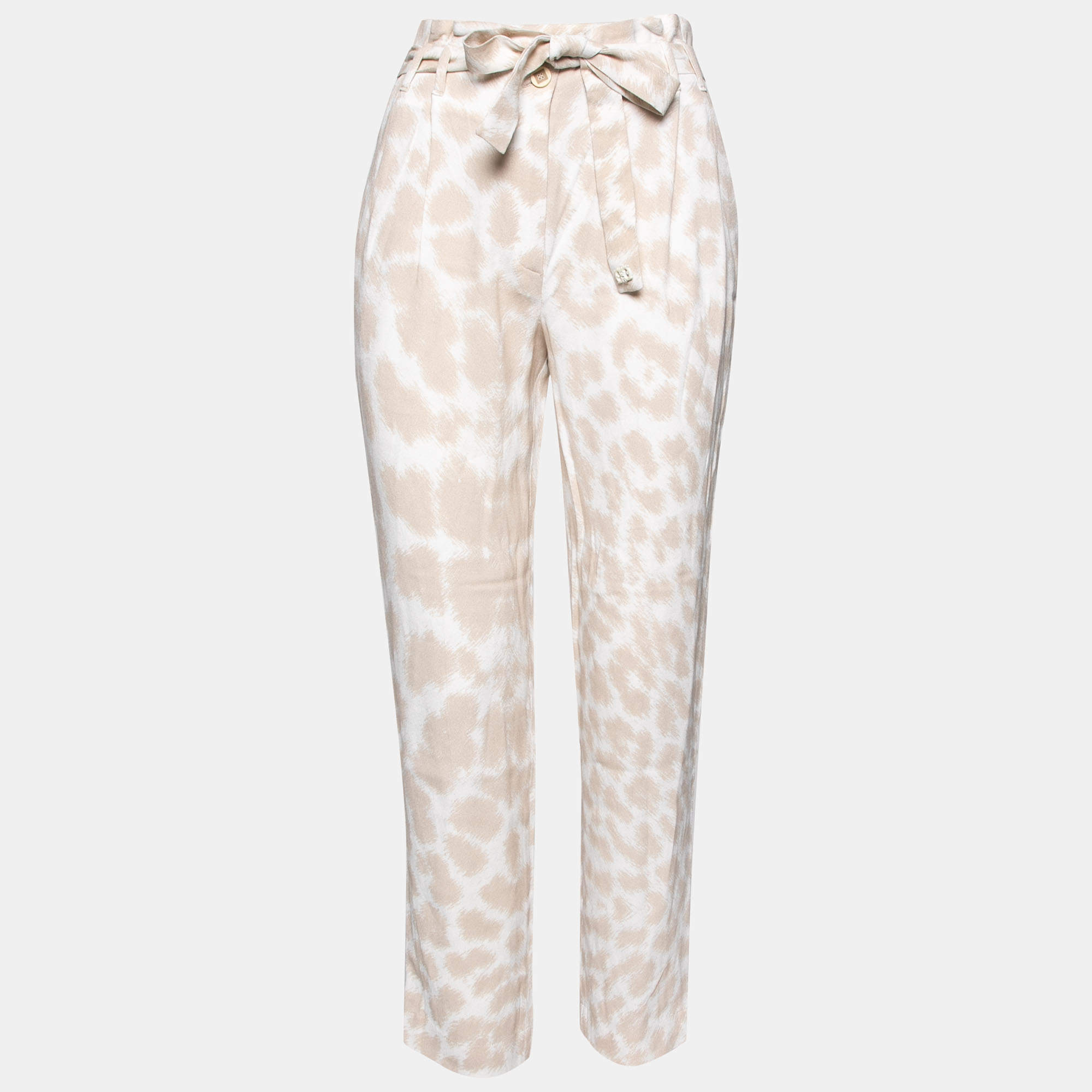 Class by Roberto Cavalli Beige Crepe Printed Belted Trousers S