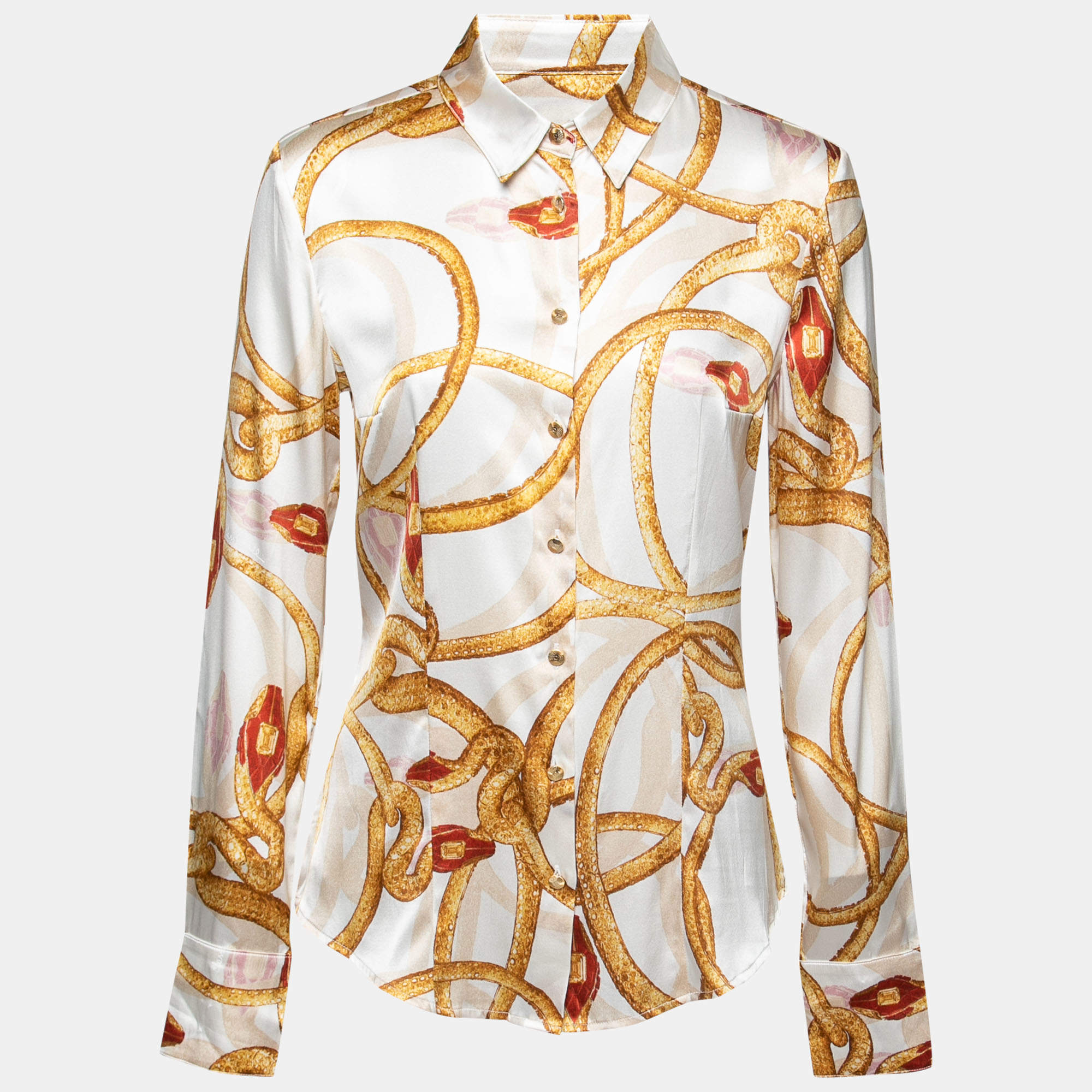 Class by Roberto Cavalli Cream Chain Print Silk Shirt M