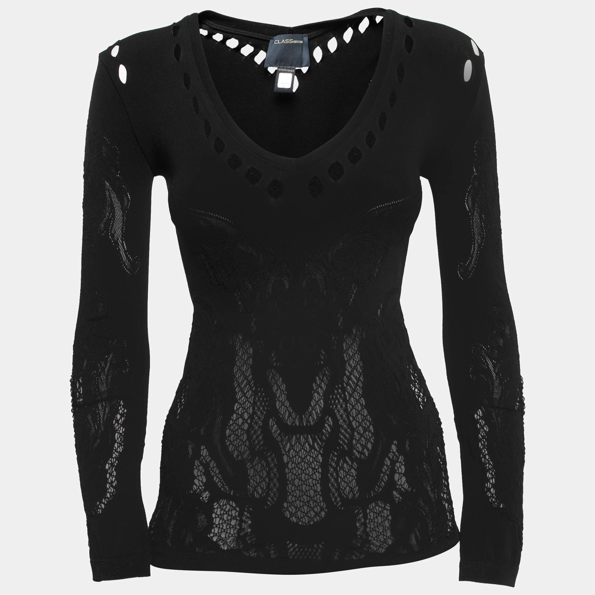 مملوكة مسبقًا Class by Roberto Cavalli Black Eyelet Embroidered Stretch Knit Top L