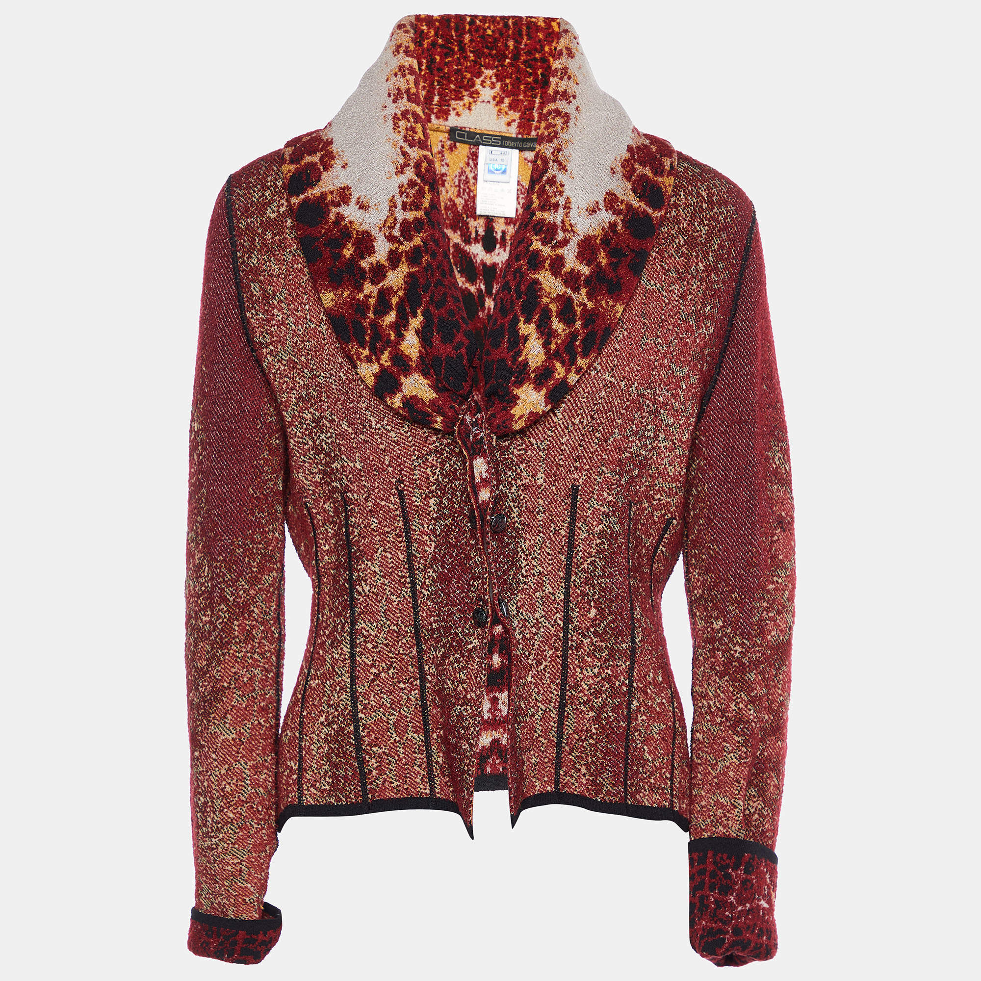  مملوكة مسبقًا Class by Roberto Cavalli Red Animal Pattern Knit Button Front Jacket M