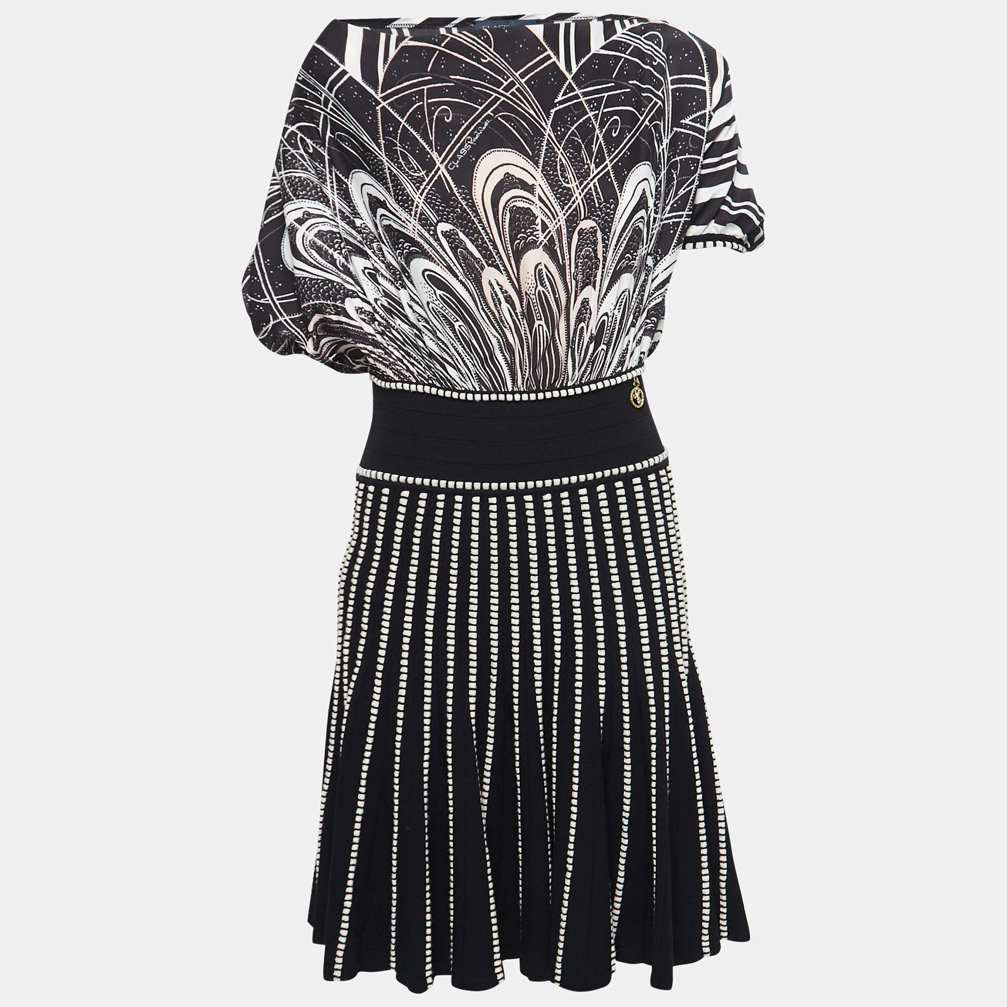 مملوكة مسبقًا Class by Roberto Cavalli Black Printed Satin & Knit Flared Short Dress S