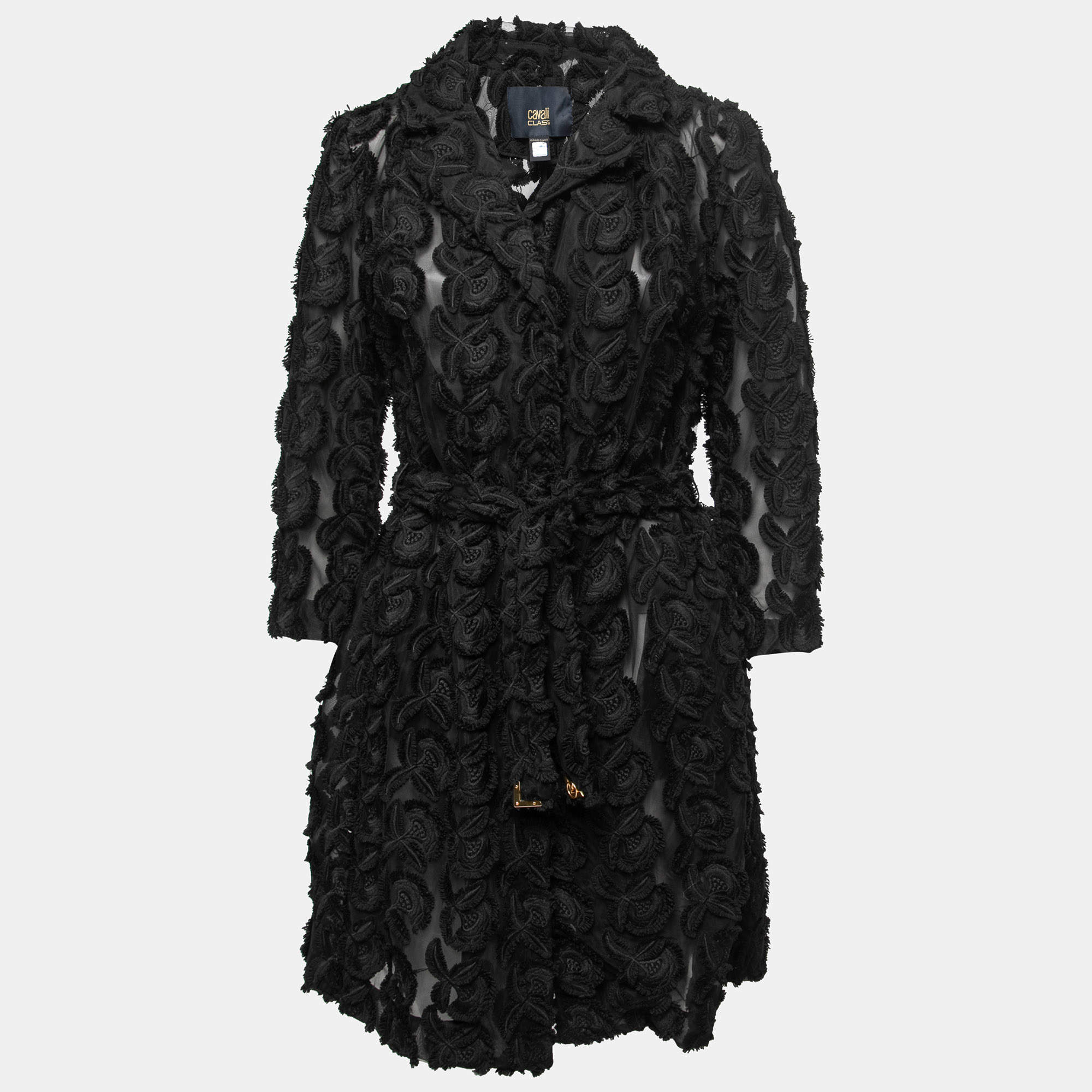 مملوكة مسبقًا Class by Roberto Cavalli Black Floral Embroidered Organza Belted Coat L