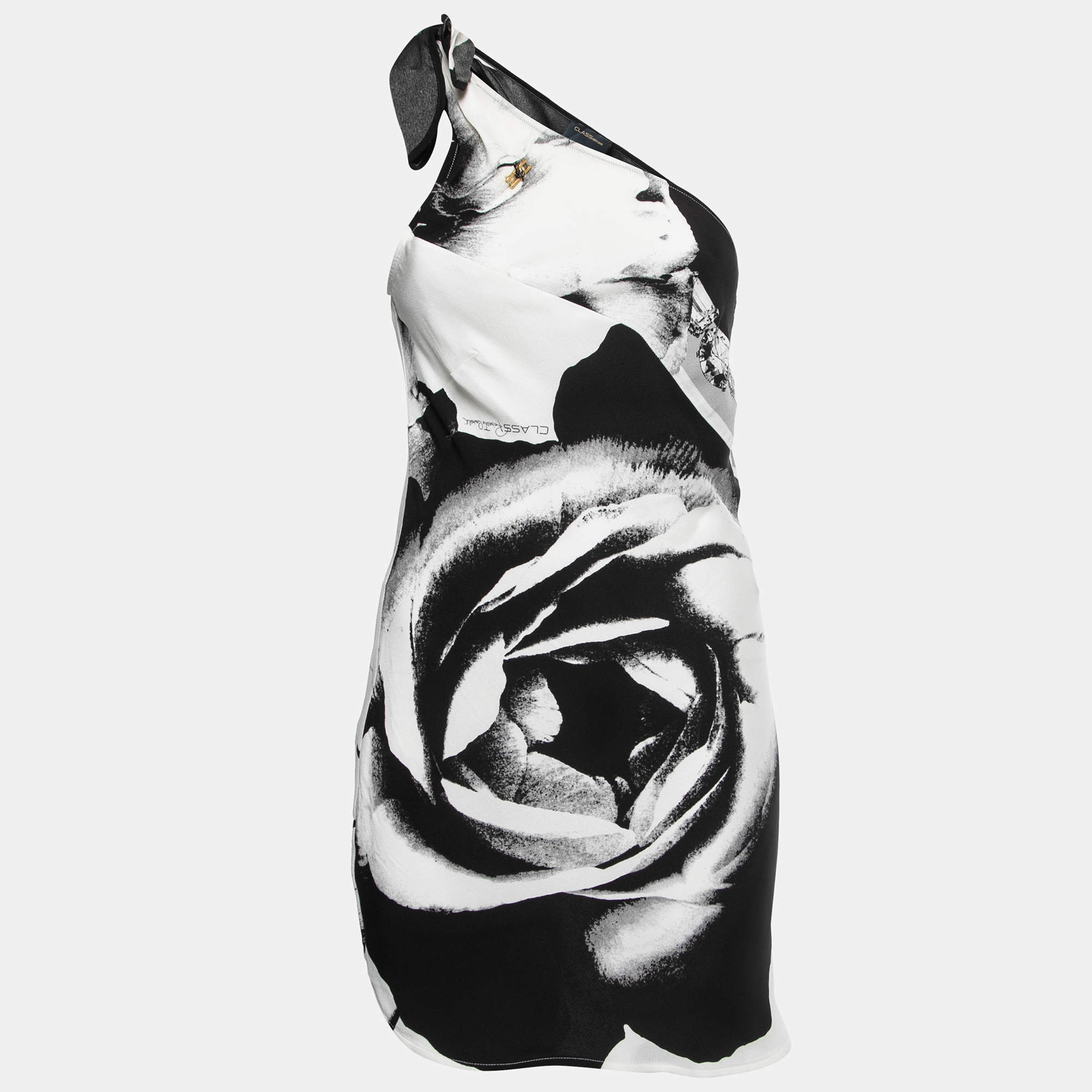 Pre Owned Class by Roberto Cavalli Black/White Printed Crepe One Shoulder Mini Dress S