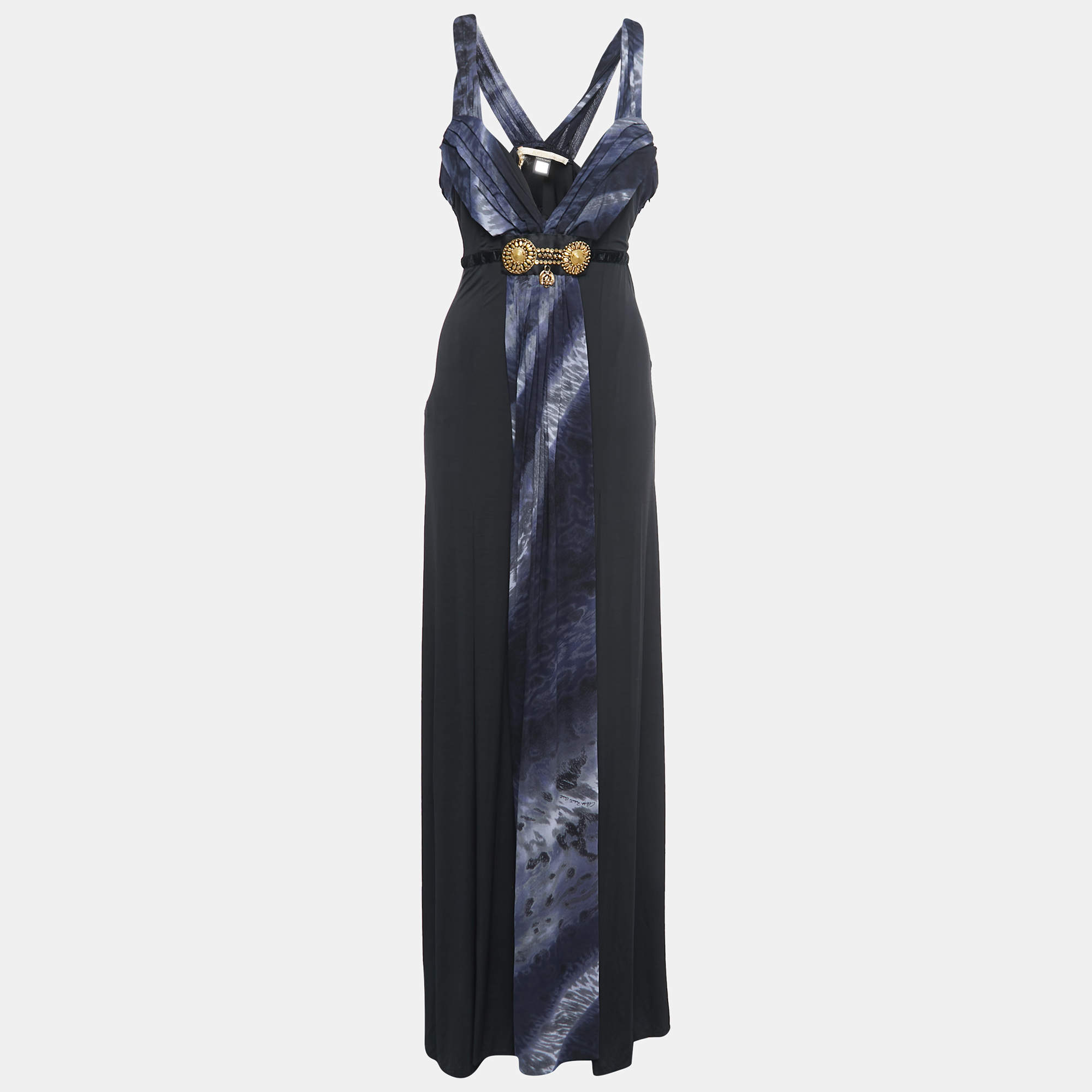 Pre Owned Class by Roberto Cavalli Black Printed Silk & Jersey Sleeveless Maxi Dress L