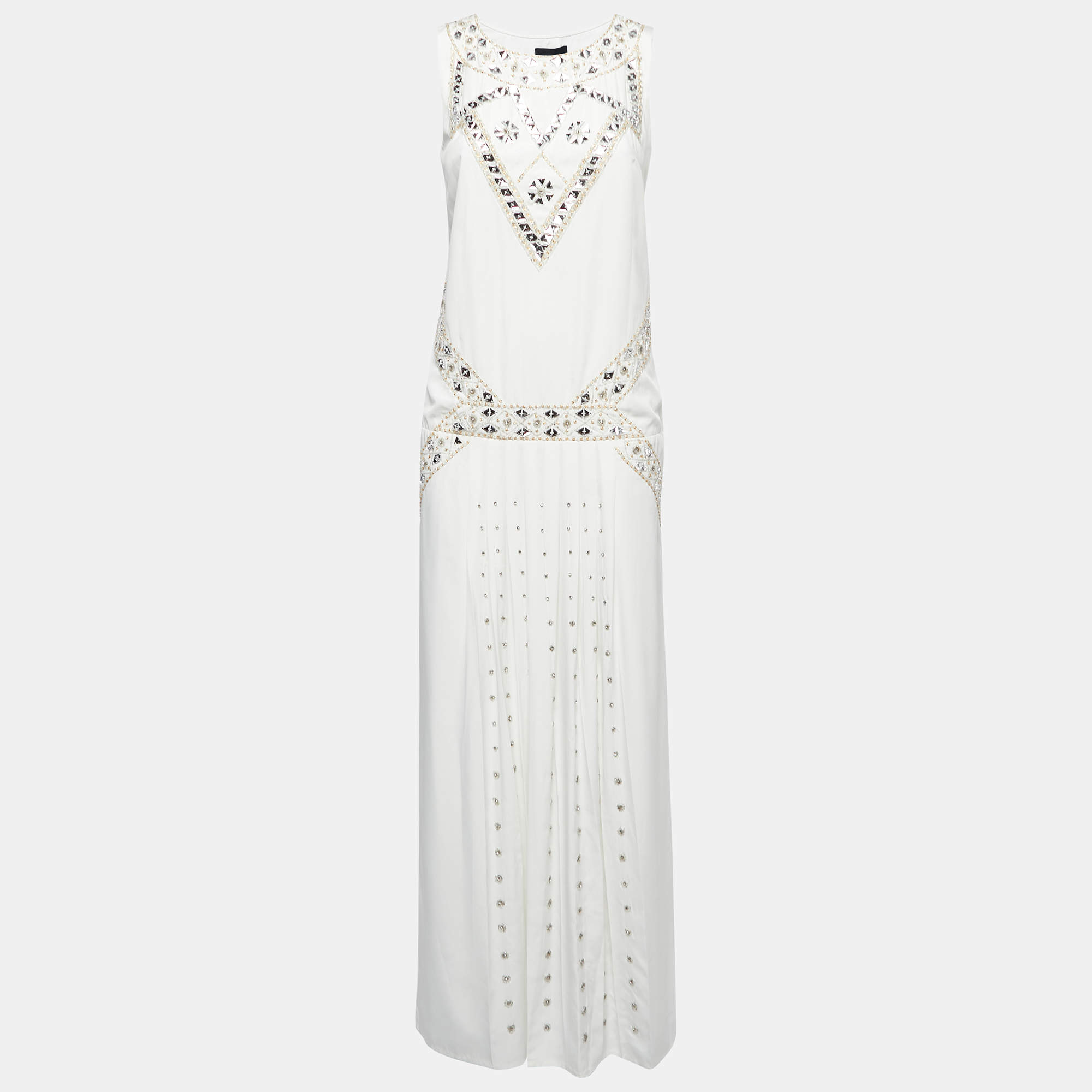 Pre Owned Class by Roberto Cavalli White Crystals Embellished Polyester Sleeveless Maxi Dress S