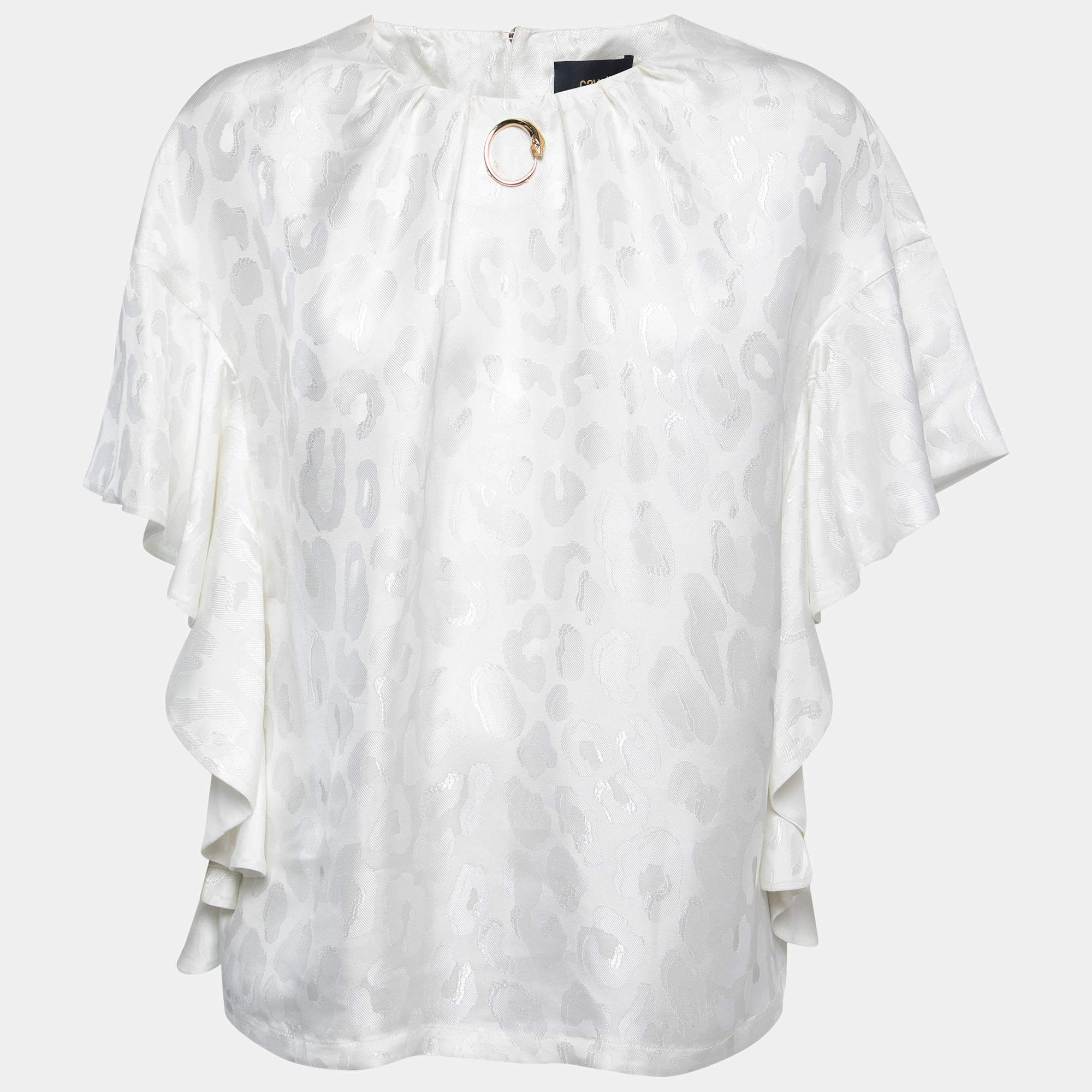 Class by Roberto Cavalli White Leopard Jacquard Flutter Sleeve Top M