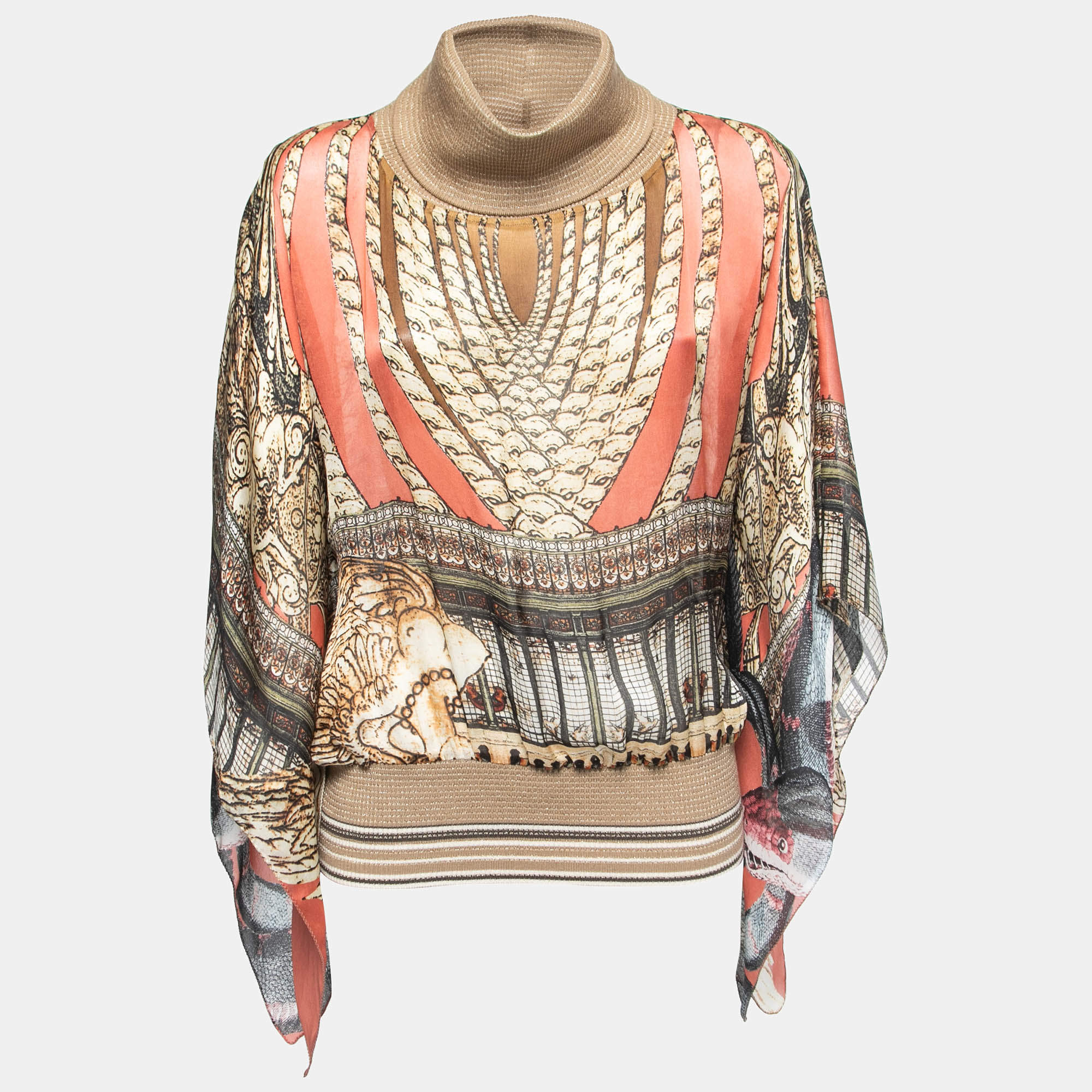 مملوكة مسبقًا Class by Roberto Cavalli Multicolor Printed Silk High Neck Poncho Top M
