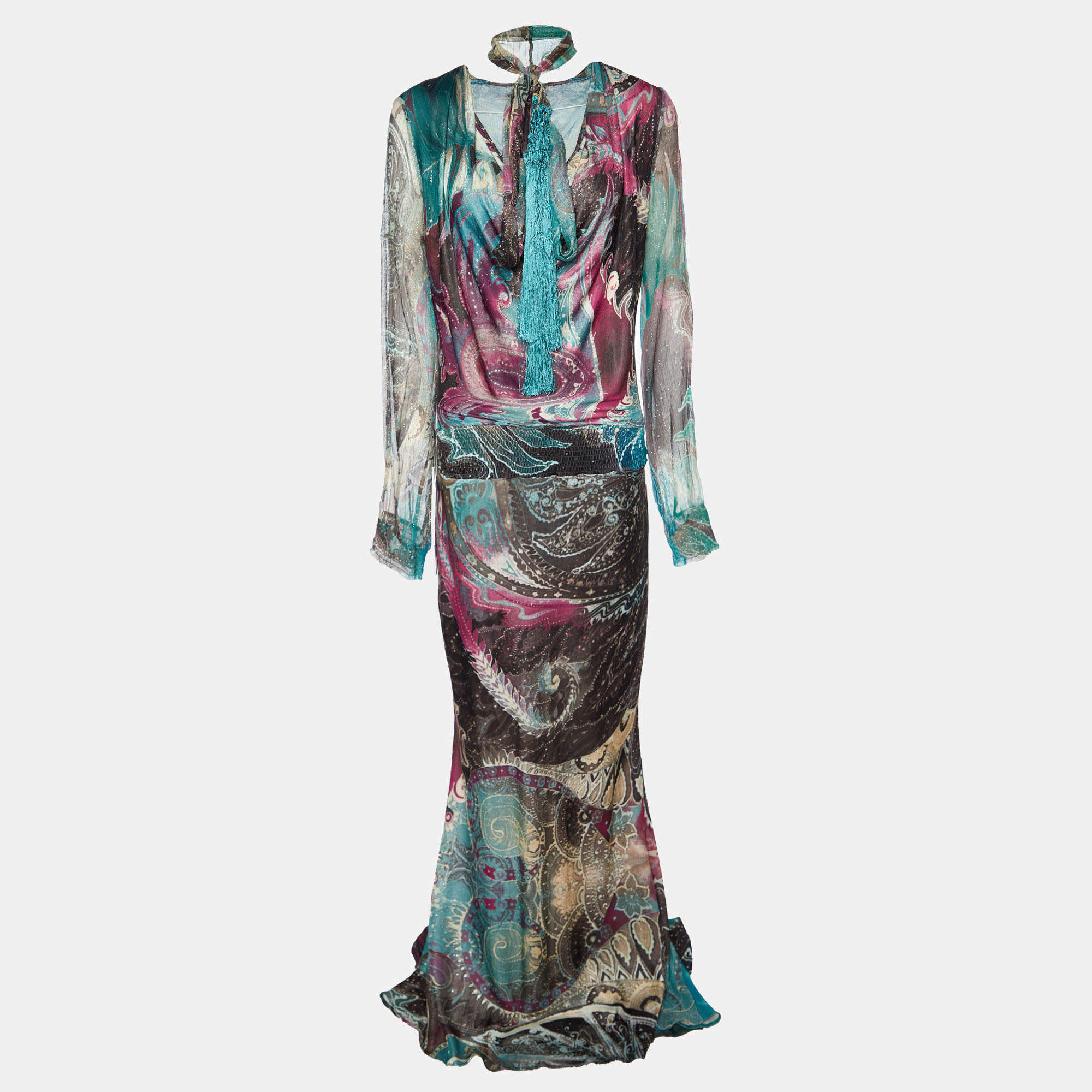 Pre Owned Class by Roberto Cavalli Multicolor Printed Jersey & Silk Trim Detail Maxi Dress M