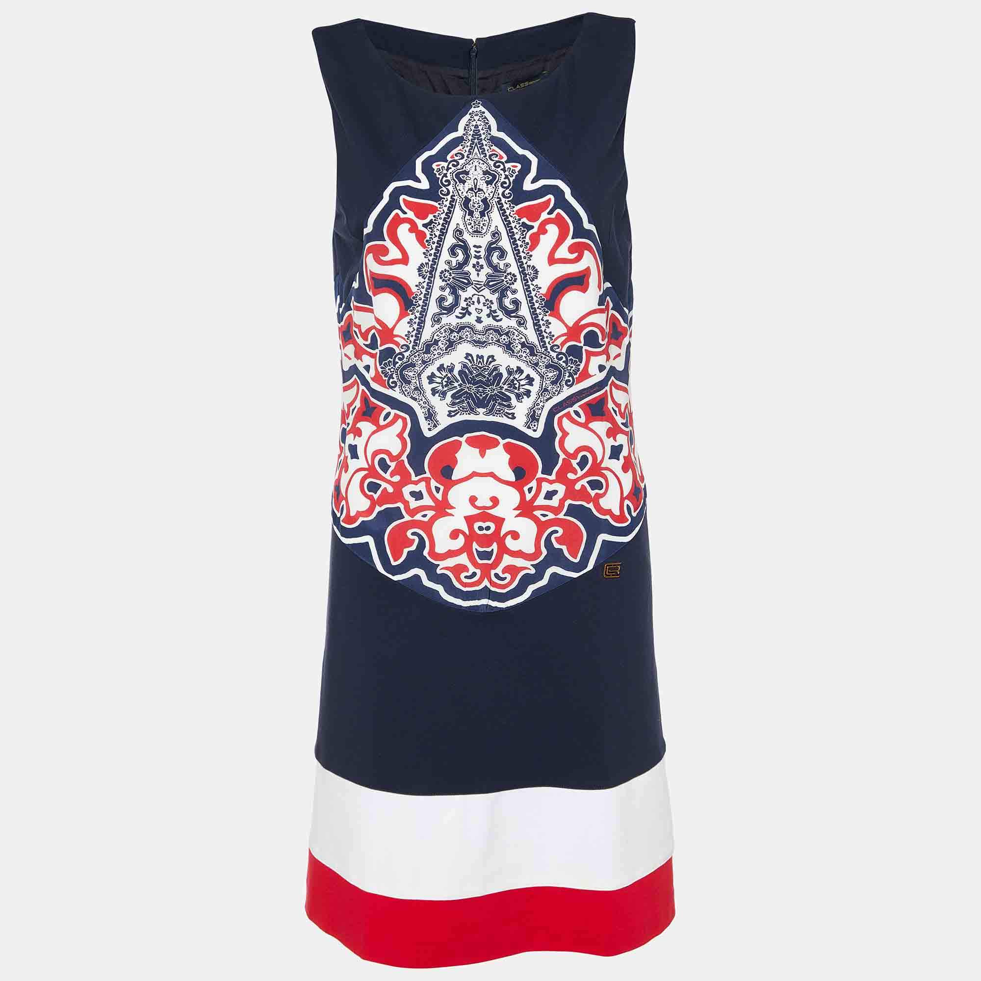 Pre Owned Class by Roberto Cavalli Navy Blue Printed Knit & Chiffon Midi Dress M