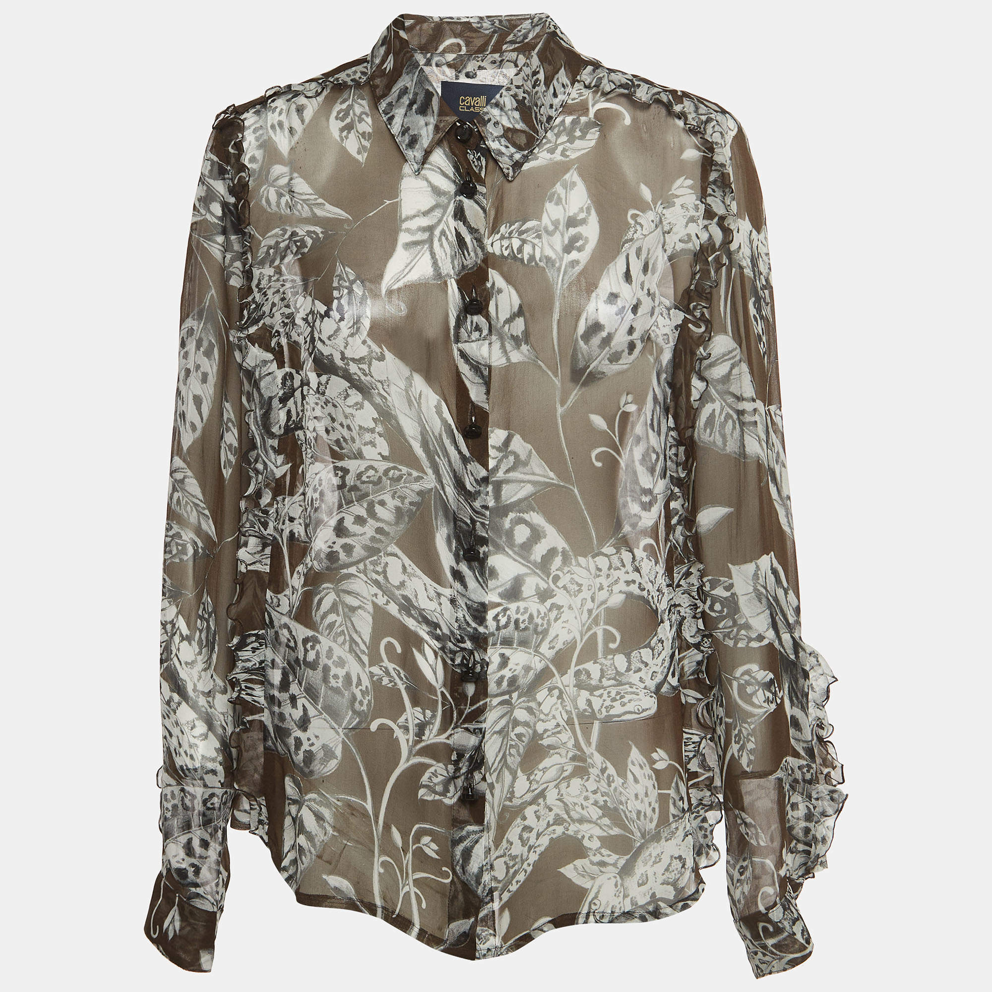 Pre Owned Class by Roberto Cavalli Brown Floral Print Silk Ruffled Semi Sheer Shirt L