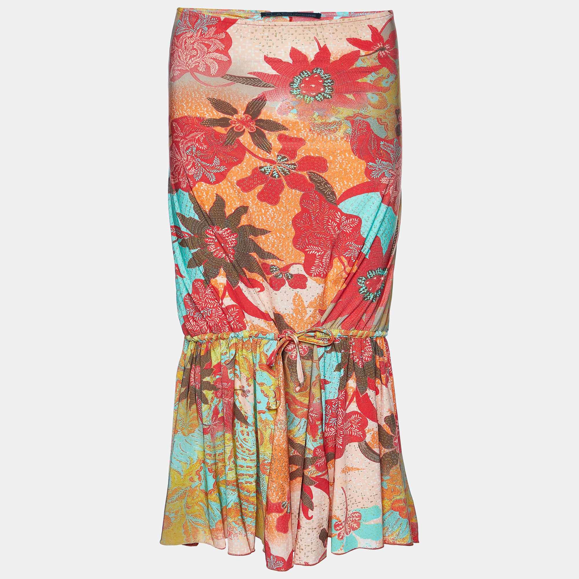 Pre Owned Class by Roberto Cavalli Multicolor Floral Print Jersey Flounce Midi Skirt M