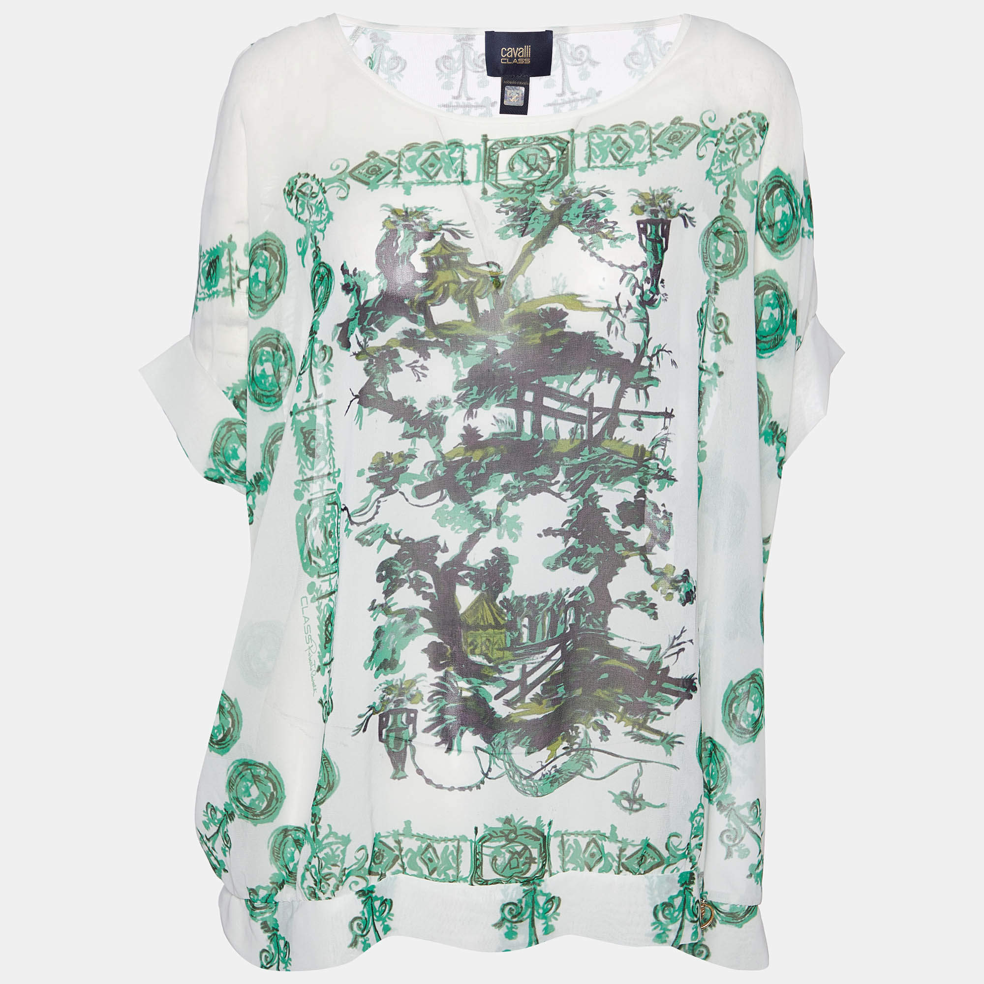 Class by Roberto Cavalli White Print Crepe Loose Fitted Blouse L