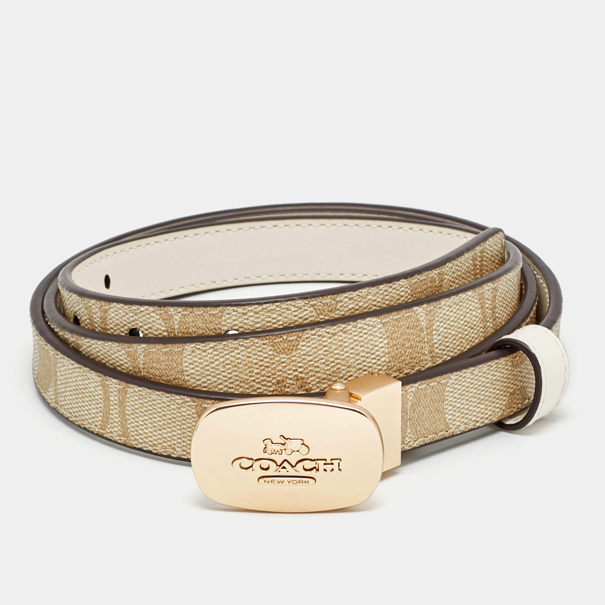 Pre Owned Coach Eliza Cut to Size Reversible Buckle Belt Beige Signature Coated Canvas and Leather