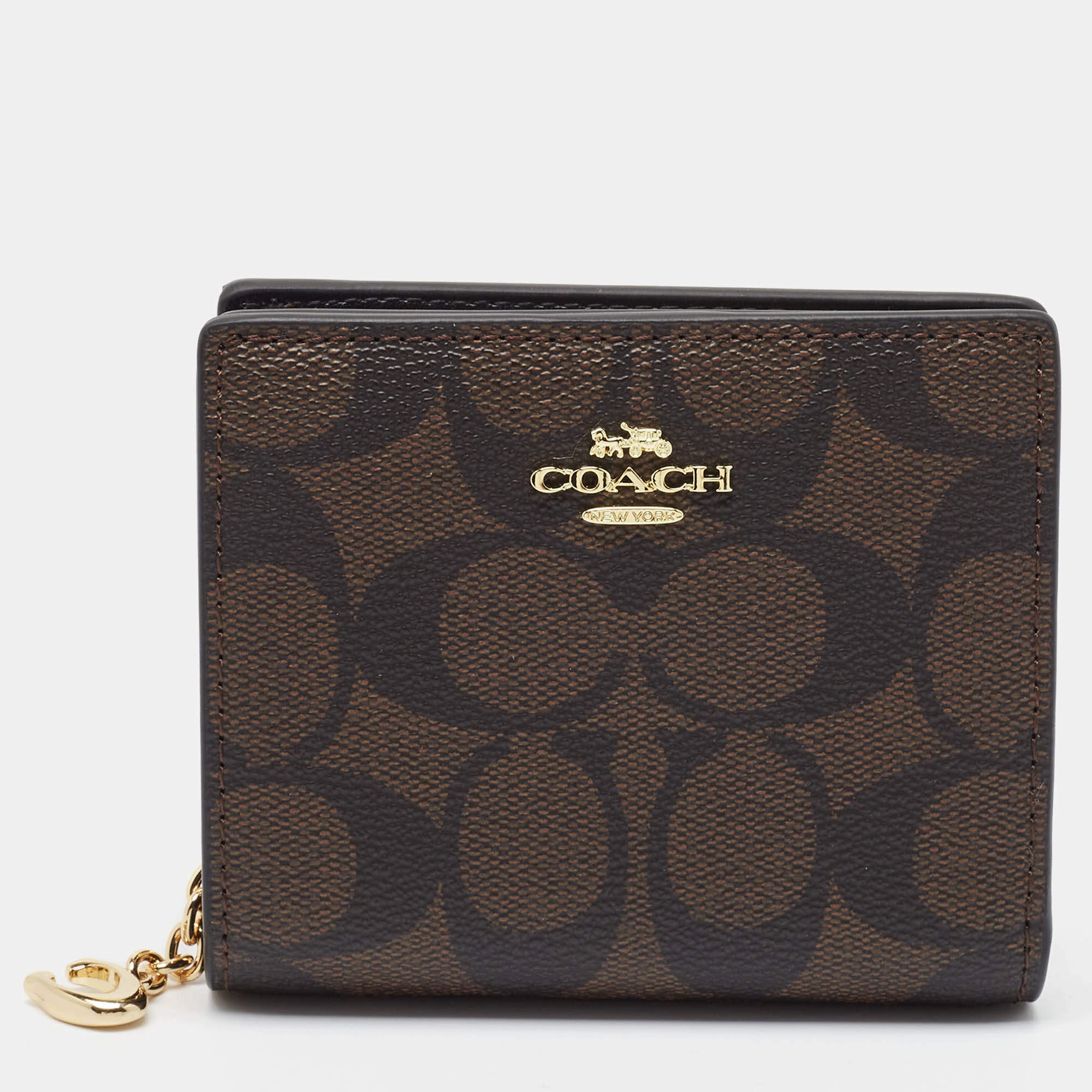 Coach Brown/Black Signature Coated Canvas Compact Wallet