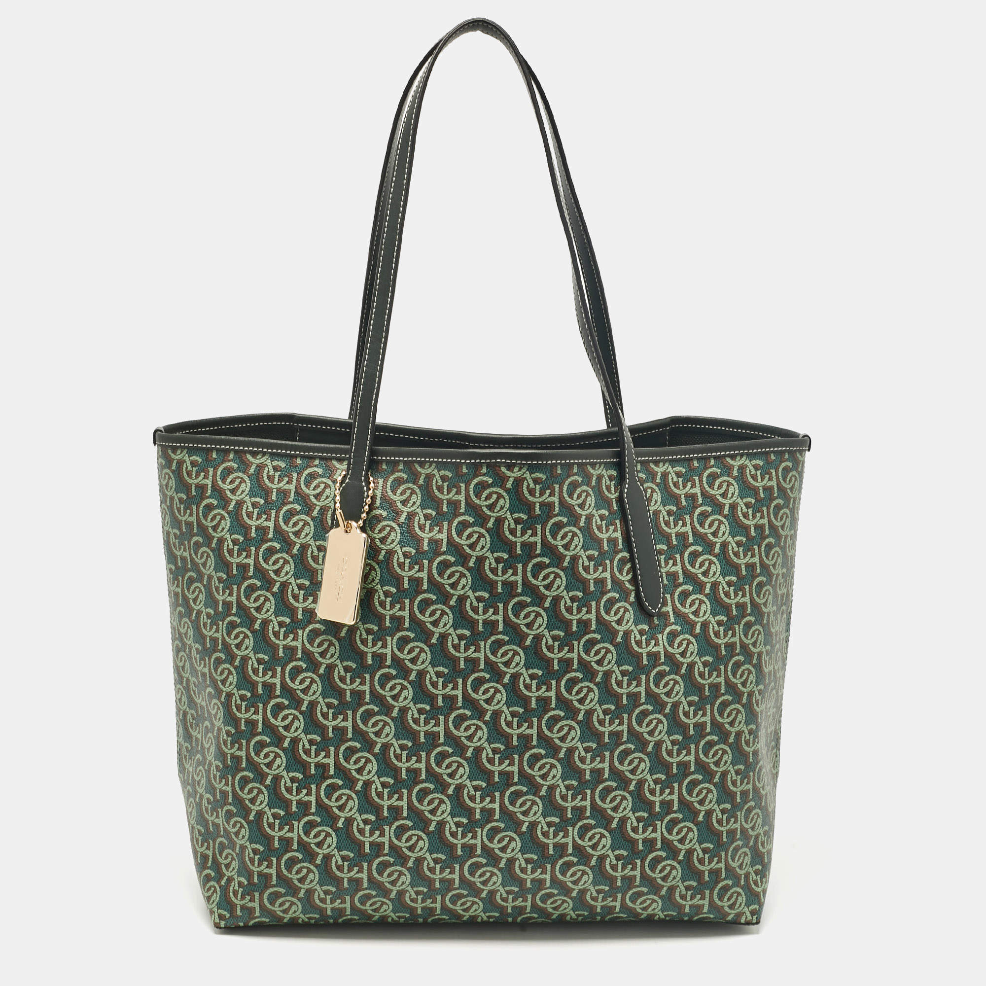 Pre Owned Coach Green Monogram Coated Canvas and Leather City Tote