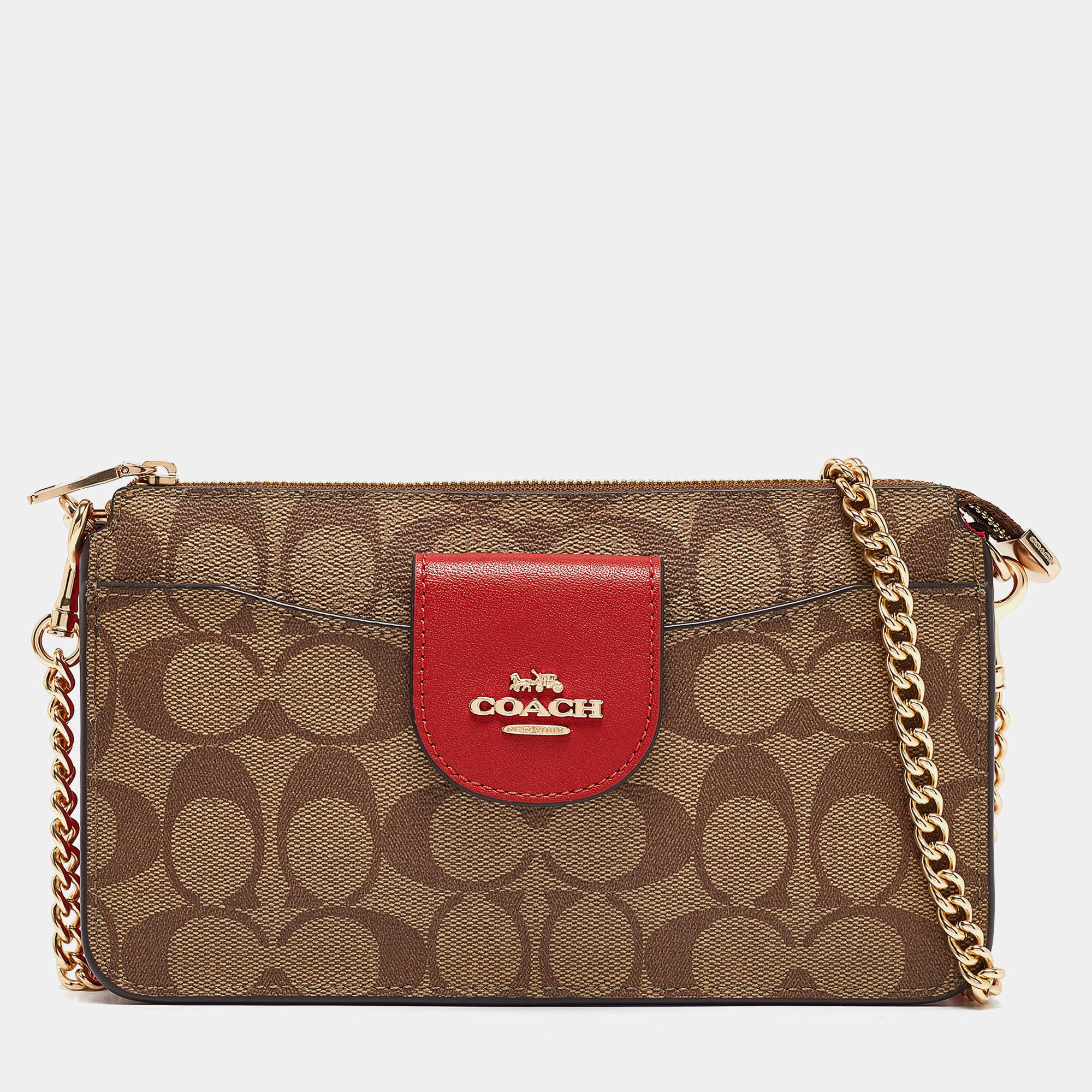 Coach Beige/Red Signature Coated Canvas and Leather Poppy Crossbody Clutch Bag