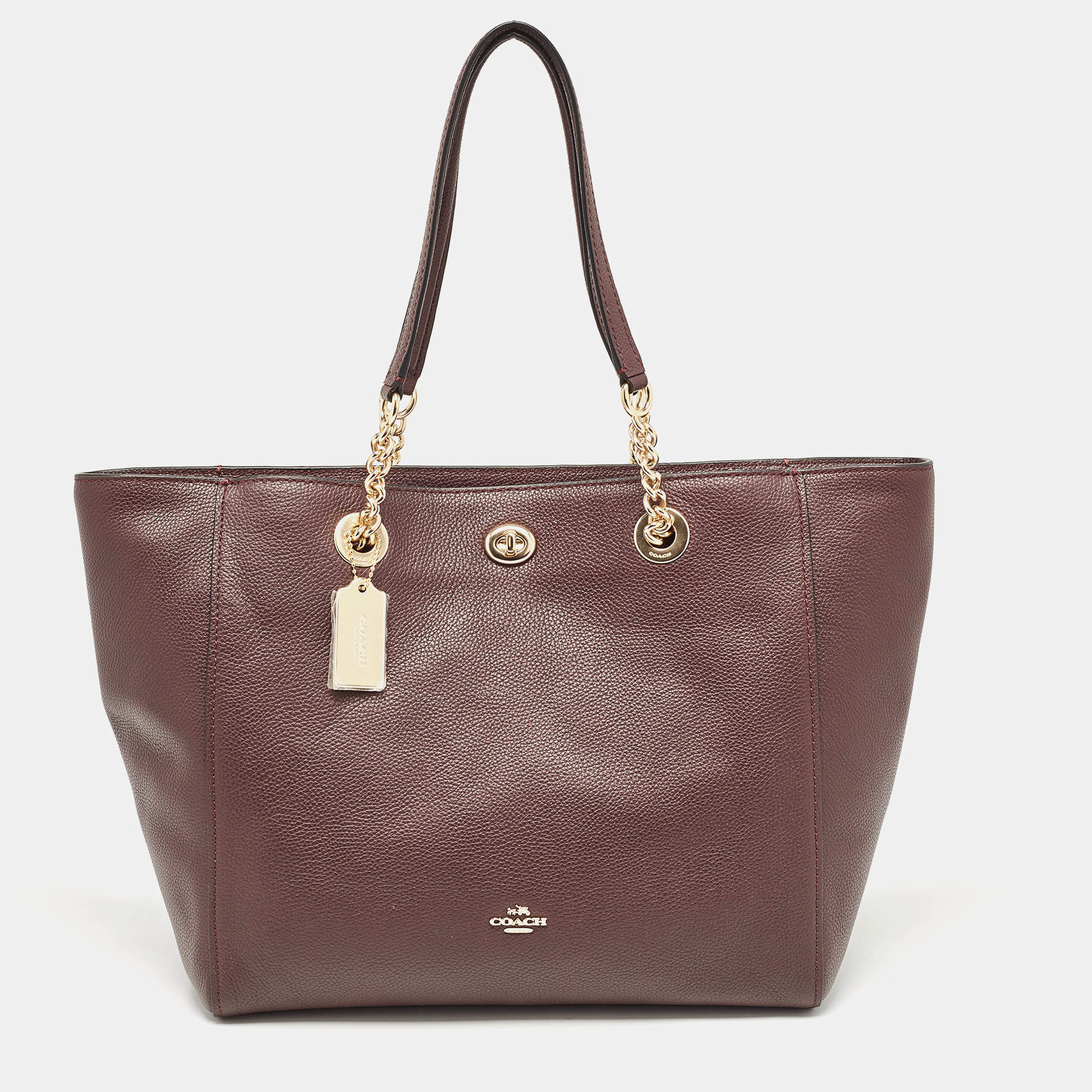 مملوكة مسبقًا Coach Dark Burgundy Leather Turnlock Chain Tote