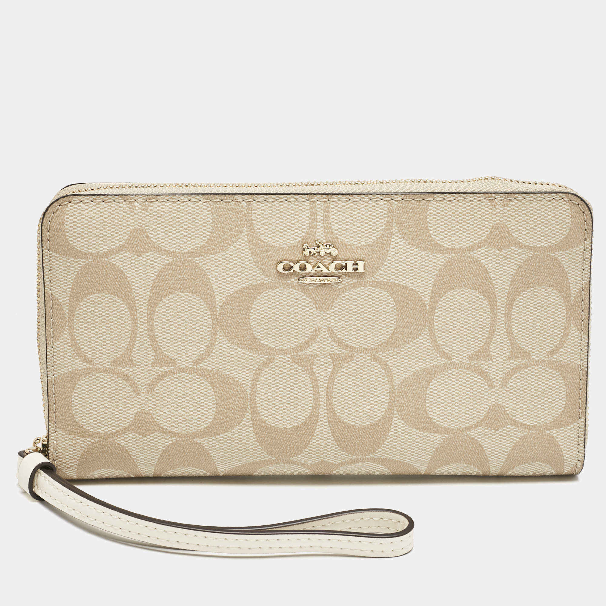 Coach Light Khaki Signature Coated Canvas Zip Around Wallet