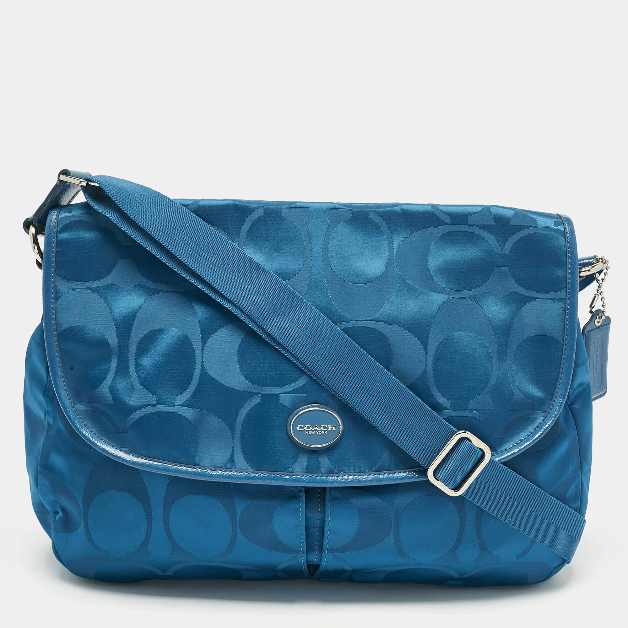 Pre Owned Coach Teal Blue Signature Nylon and Patent Leather Messenger Bag
