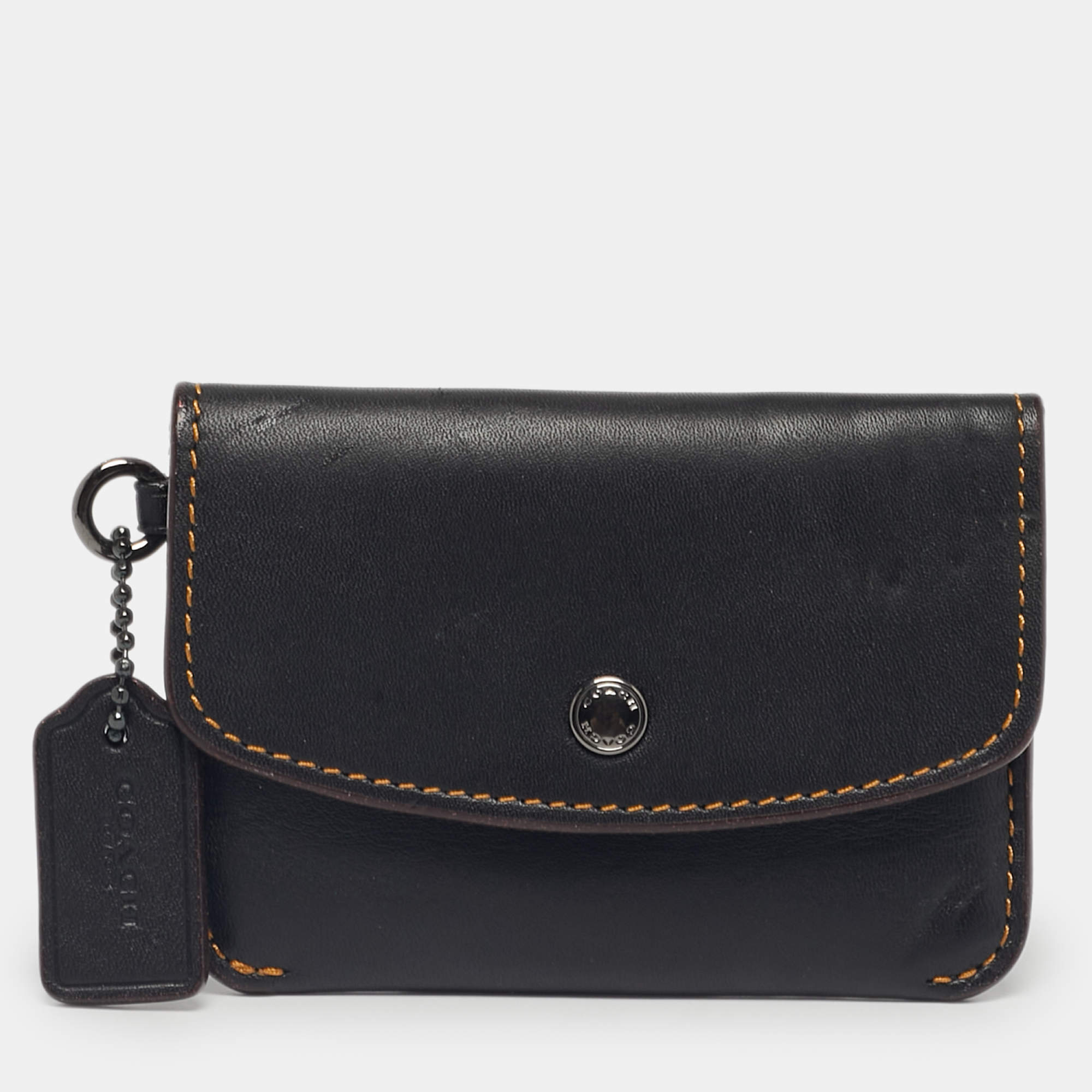 Pre Owned Coach Dark Brown Leather Flap Wristlet Card Case